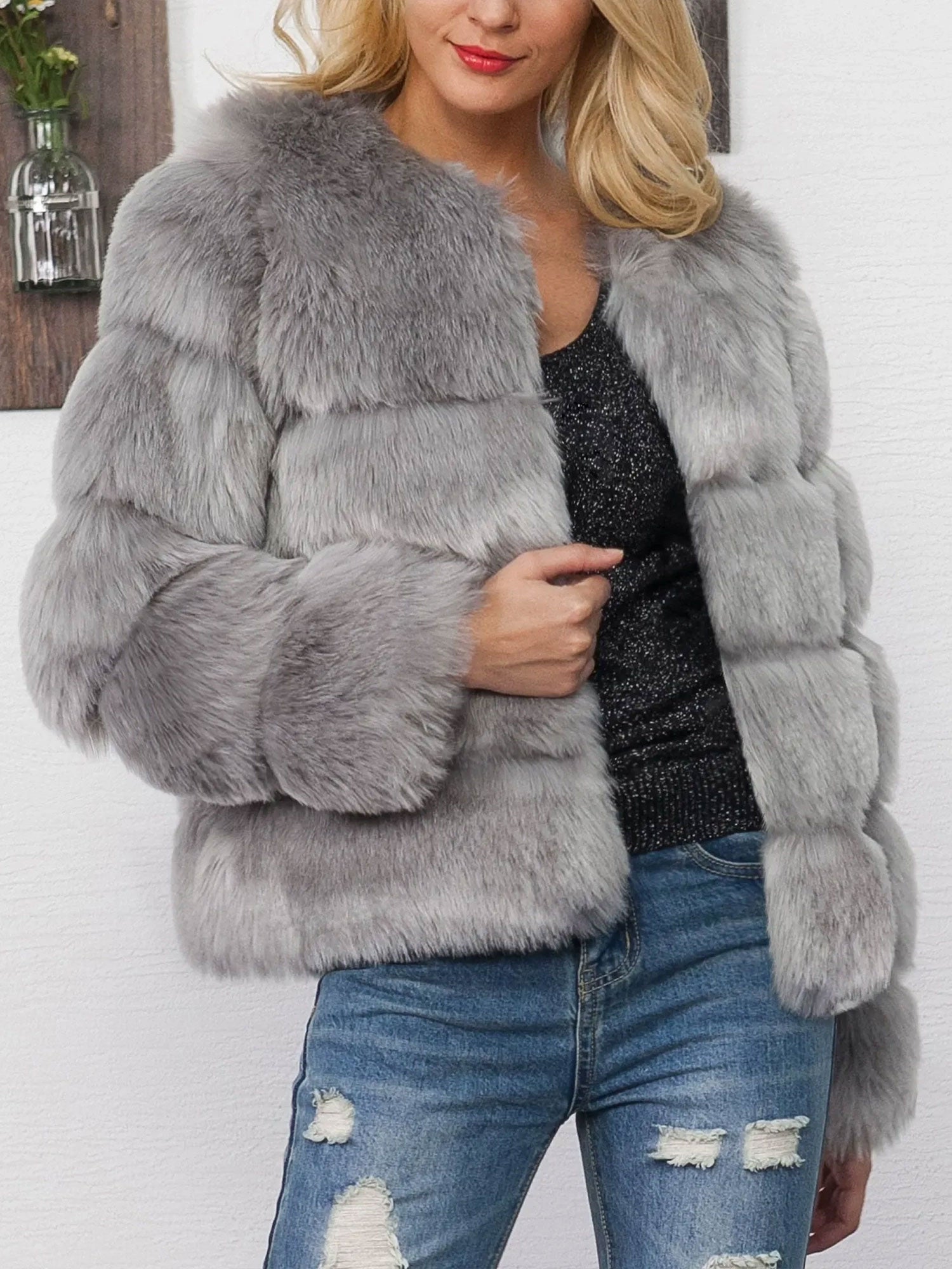 Casual Long Sleeves Solid Color Faux Fur Coat