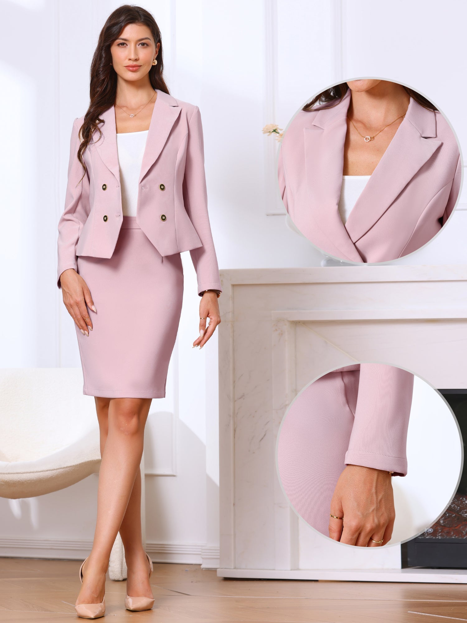 2 Pieces Long Sleeve Notched Lapel Blazer & Midi Pencil Skirt Formal Office Suit Set