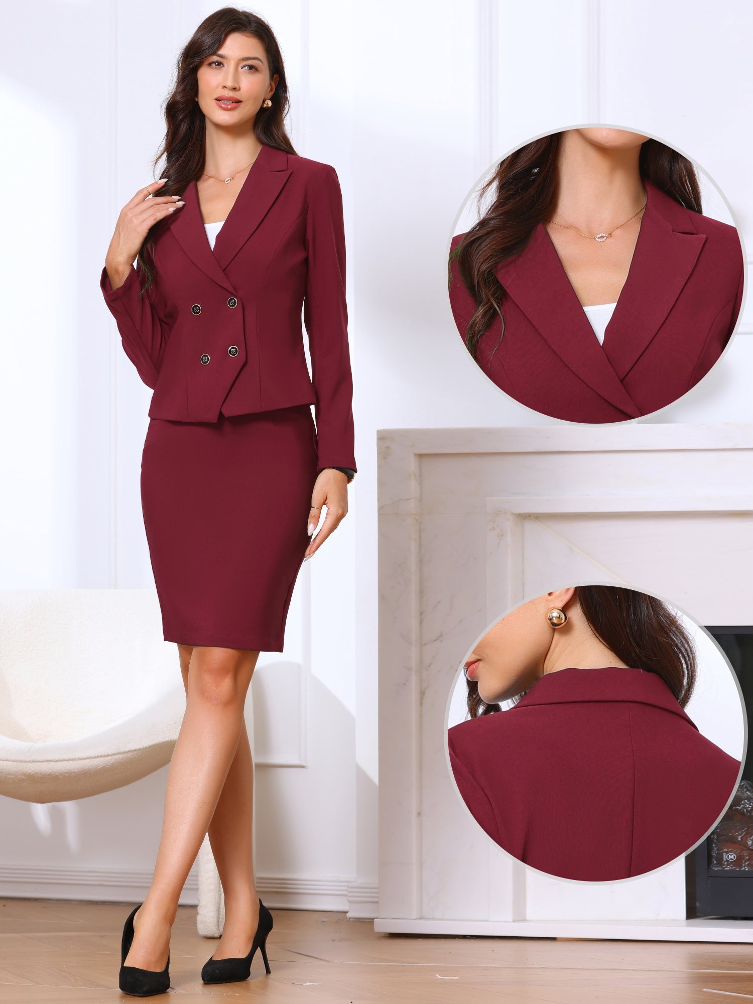 2 Pieces Long Sleeve Notched Lapel Blazer & Midi Pencil Skirt Formal Office Suit Set