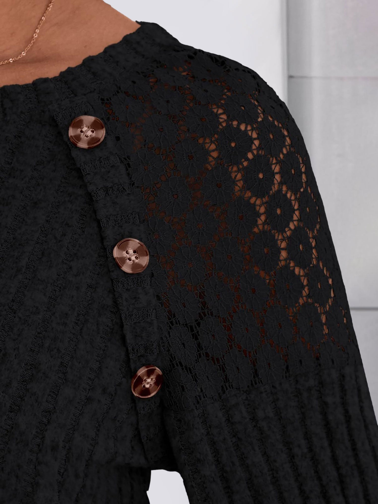 Solid Color Round Neck Buttoned Long Sleeve Blouse