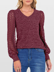 Lace Patchwork V Neck Puff Long Sleeves Blouse