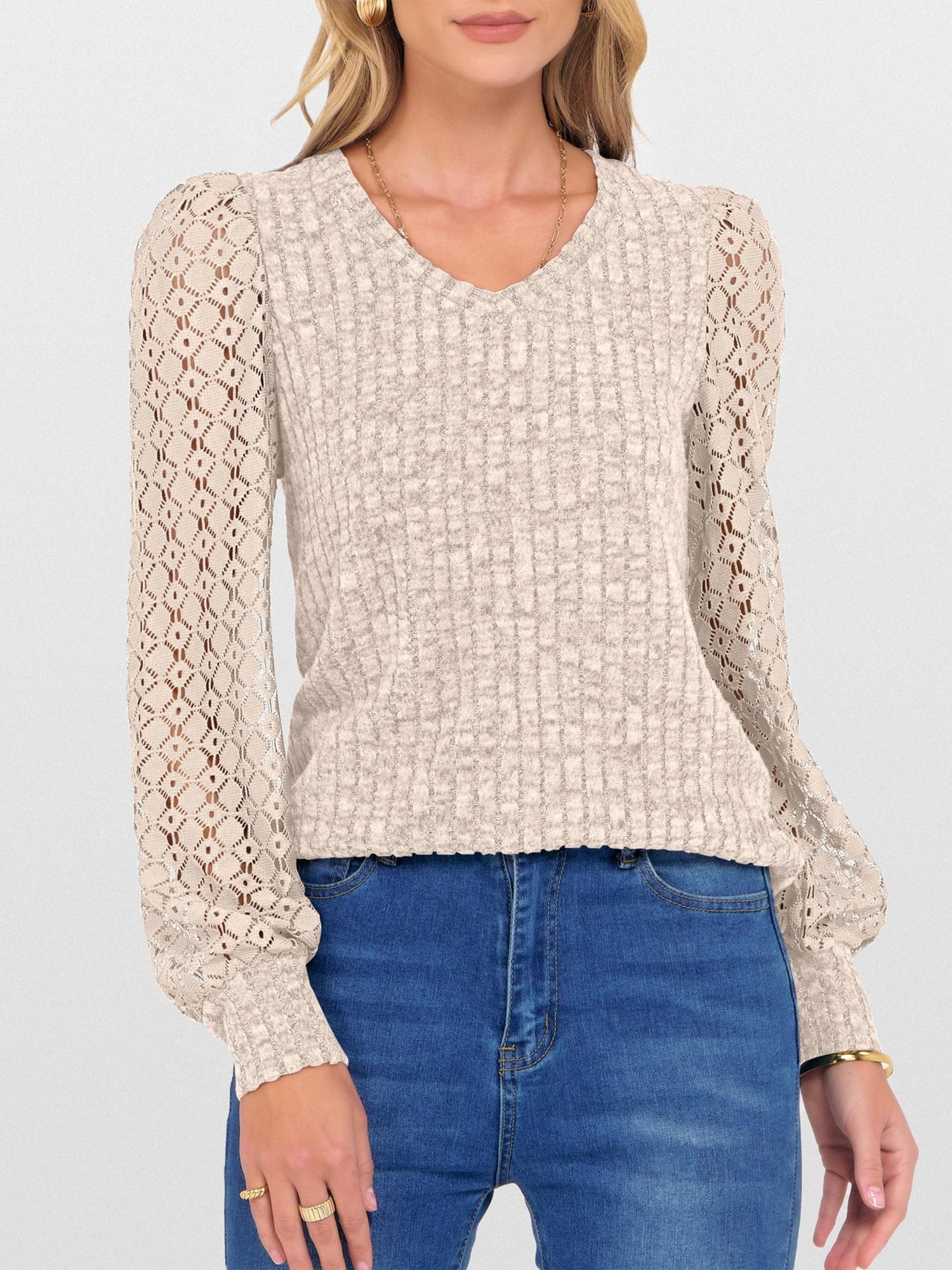 Lace Patchwork V Neck Puff Long Sleeves Blouse