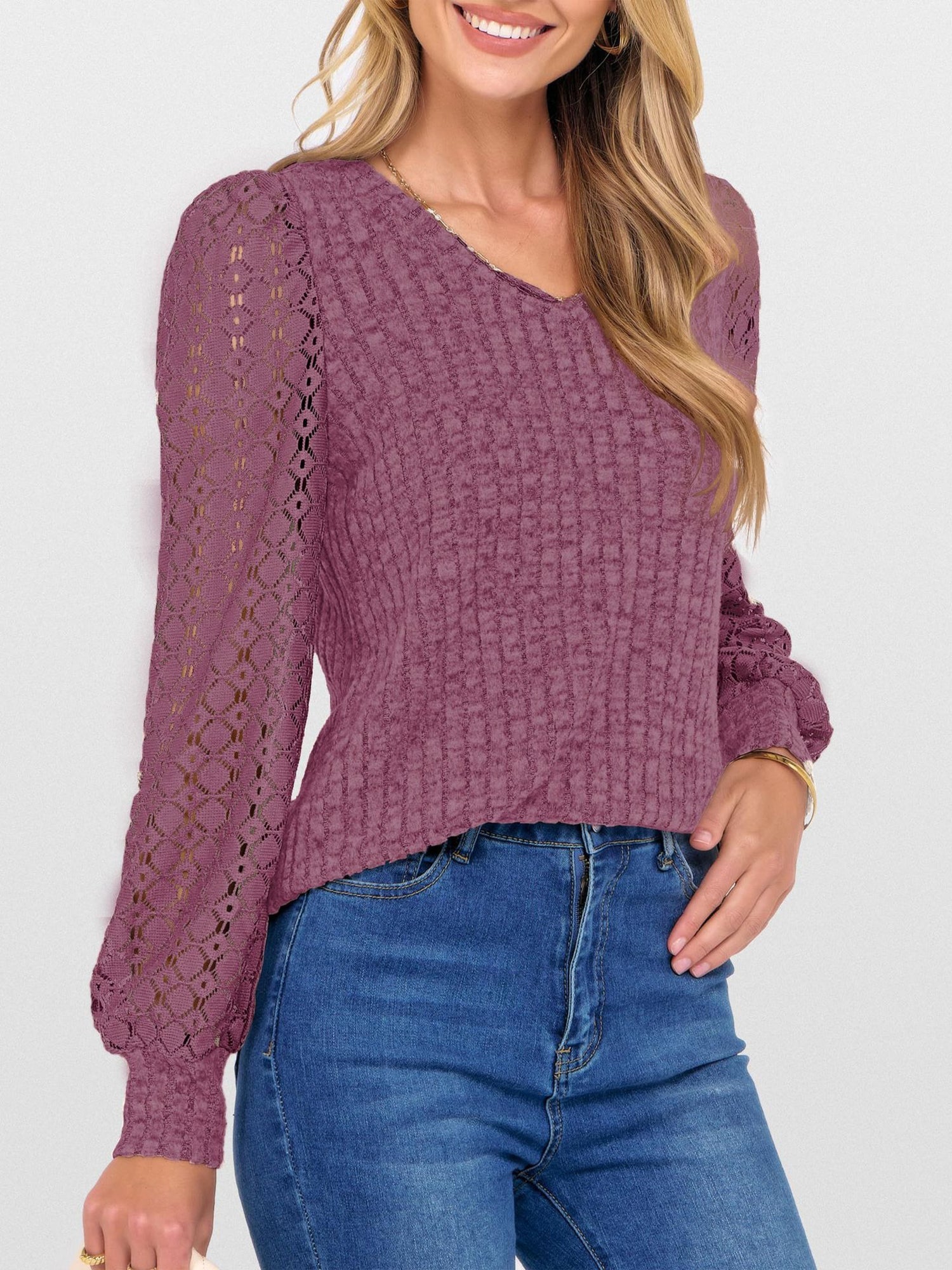Lace Patchwork V Neck Puff Long Sleeves Blouse
