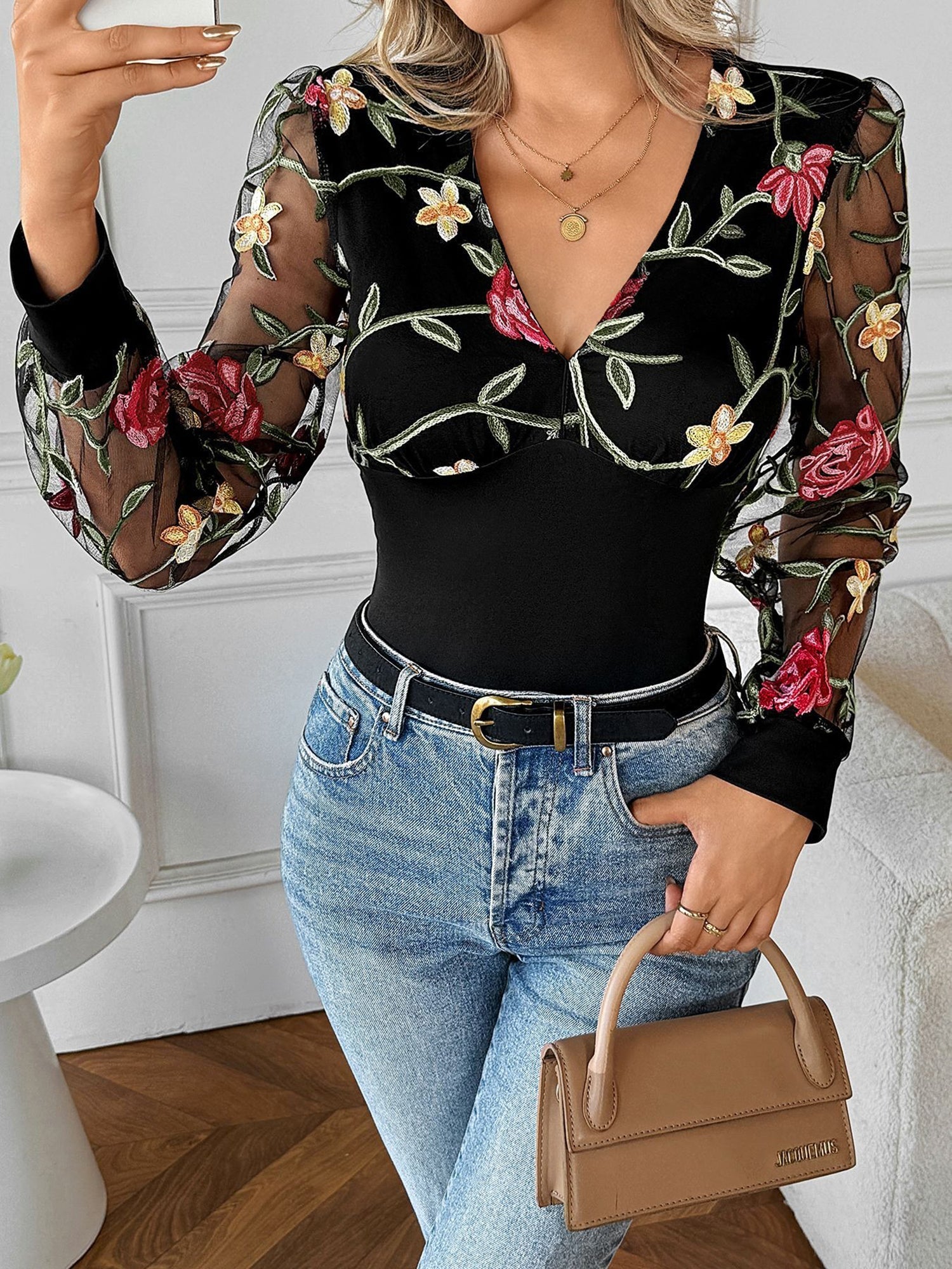 Lace Floral Embroidery Mesh Long Sleeves Blouse
