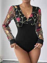 Floral Embroidered Mesh Long Sleeve V Neck Bodysuit