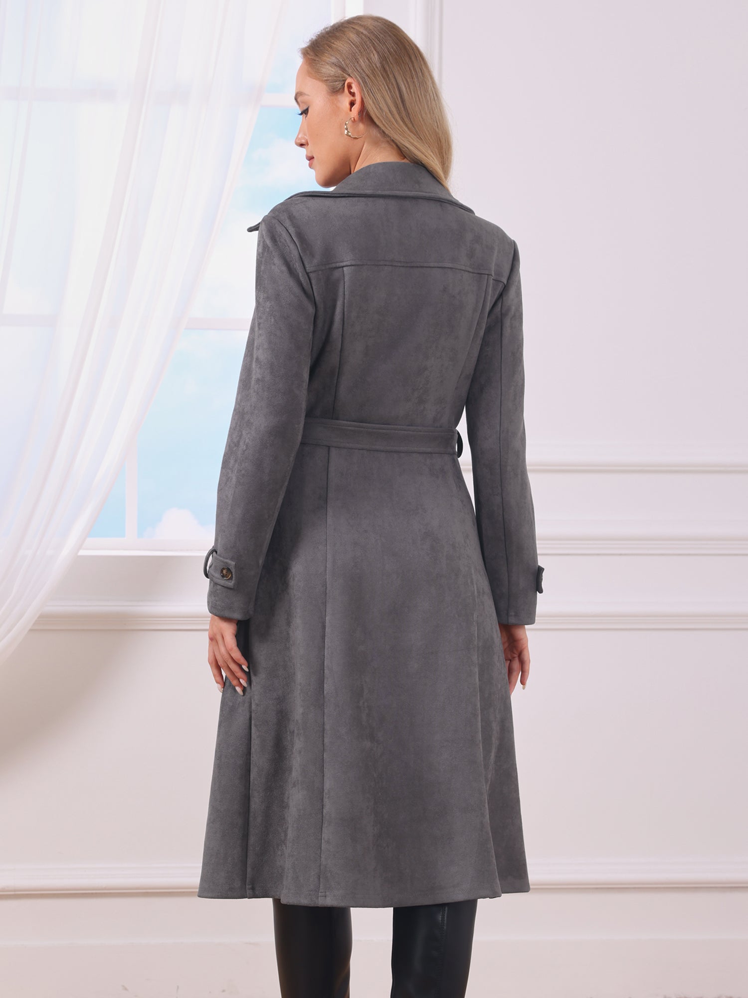 Faux Suede Notched Lapel Double Breasted Belted Long Sleeve Trench Coat