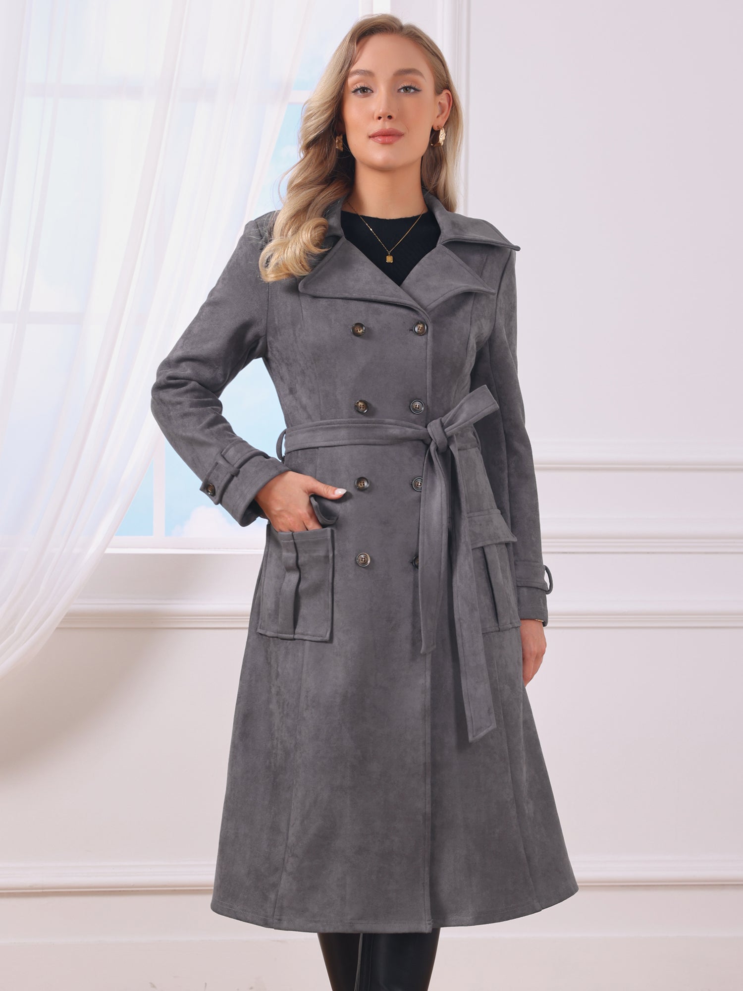 Faux Suede Notched Lapel Double Breasted Belted Long Sleeve Trench Coat