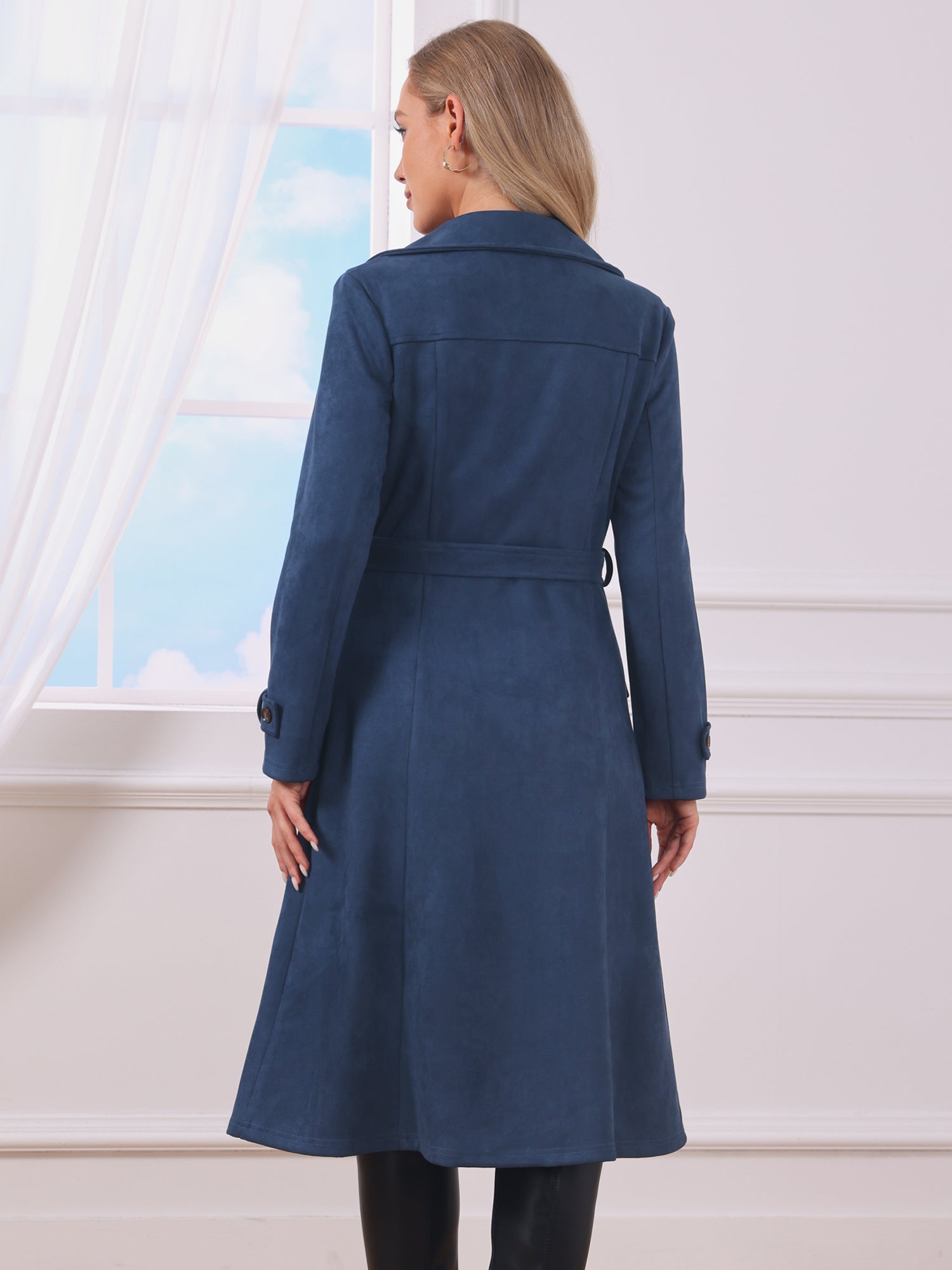 Faux Suede Notched Lapel Double Breasted Belted Long Sleeve Trench Coat