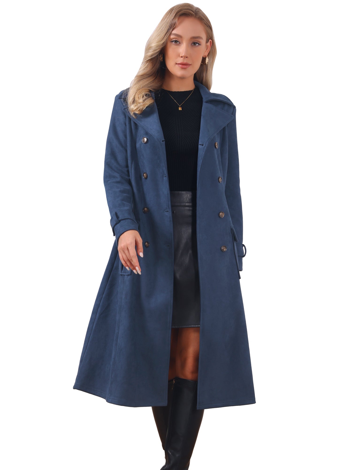 Faux Suede Notched Lapel Double Breasted Belted Long Sleeve Trench Coat