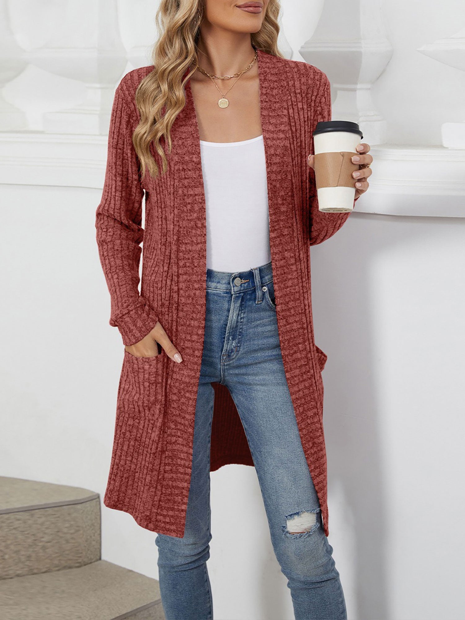 Solid Color Open Front Long Sleeves Pockets Mid-Length Cardigan