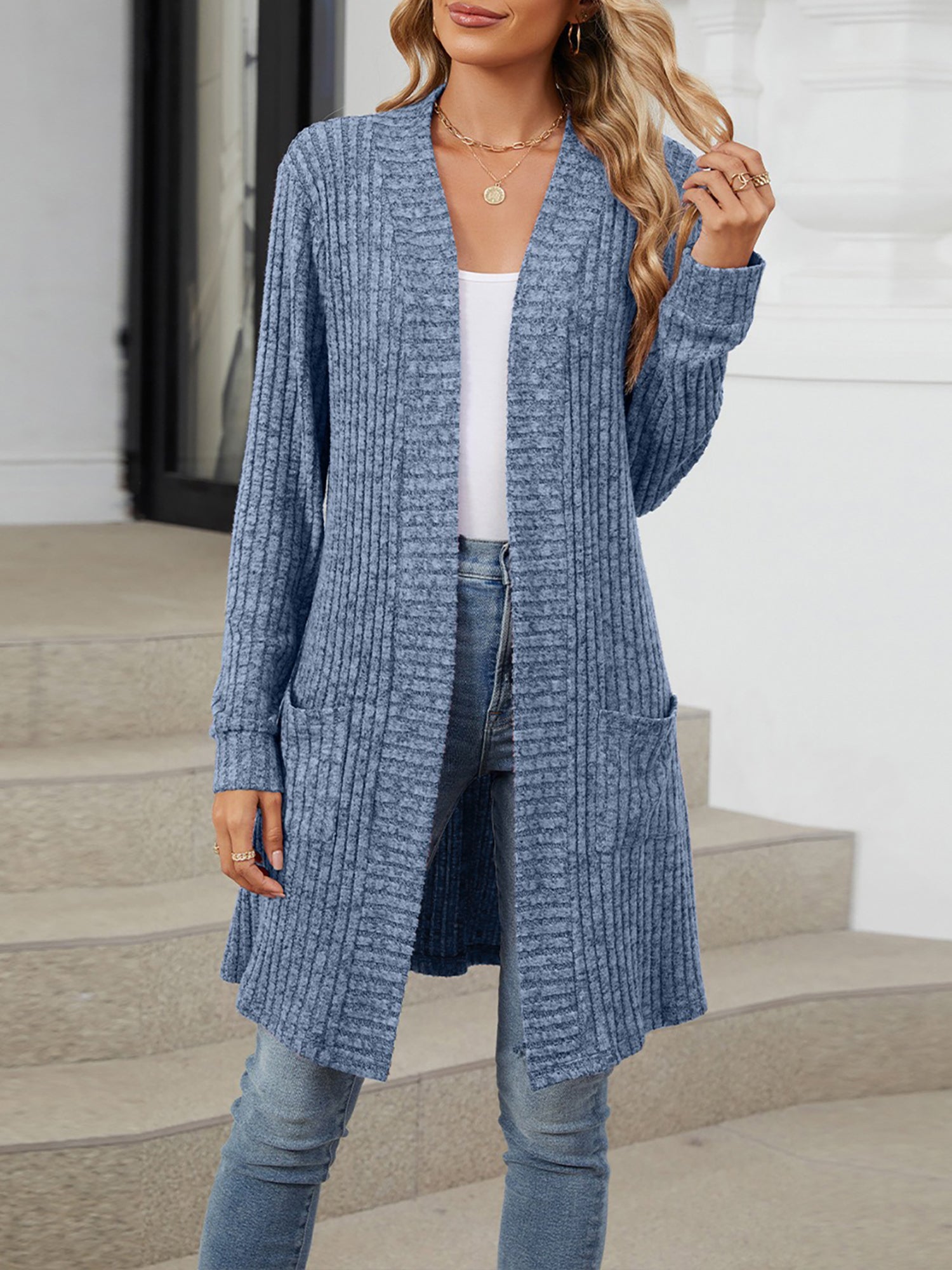 Solid Color Open Front Long Sleeves Pockets Mid-Length Cardigan