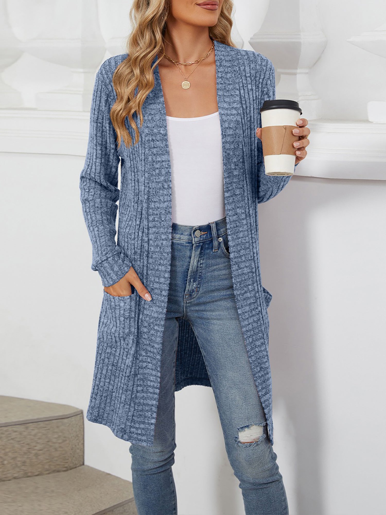 Solid Color Open Front Long Sleeves Pockets Mid-Length Cardigan