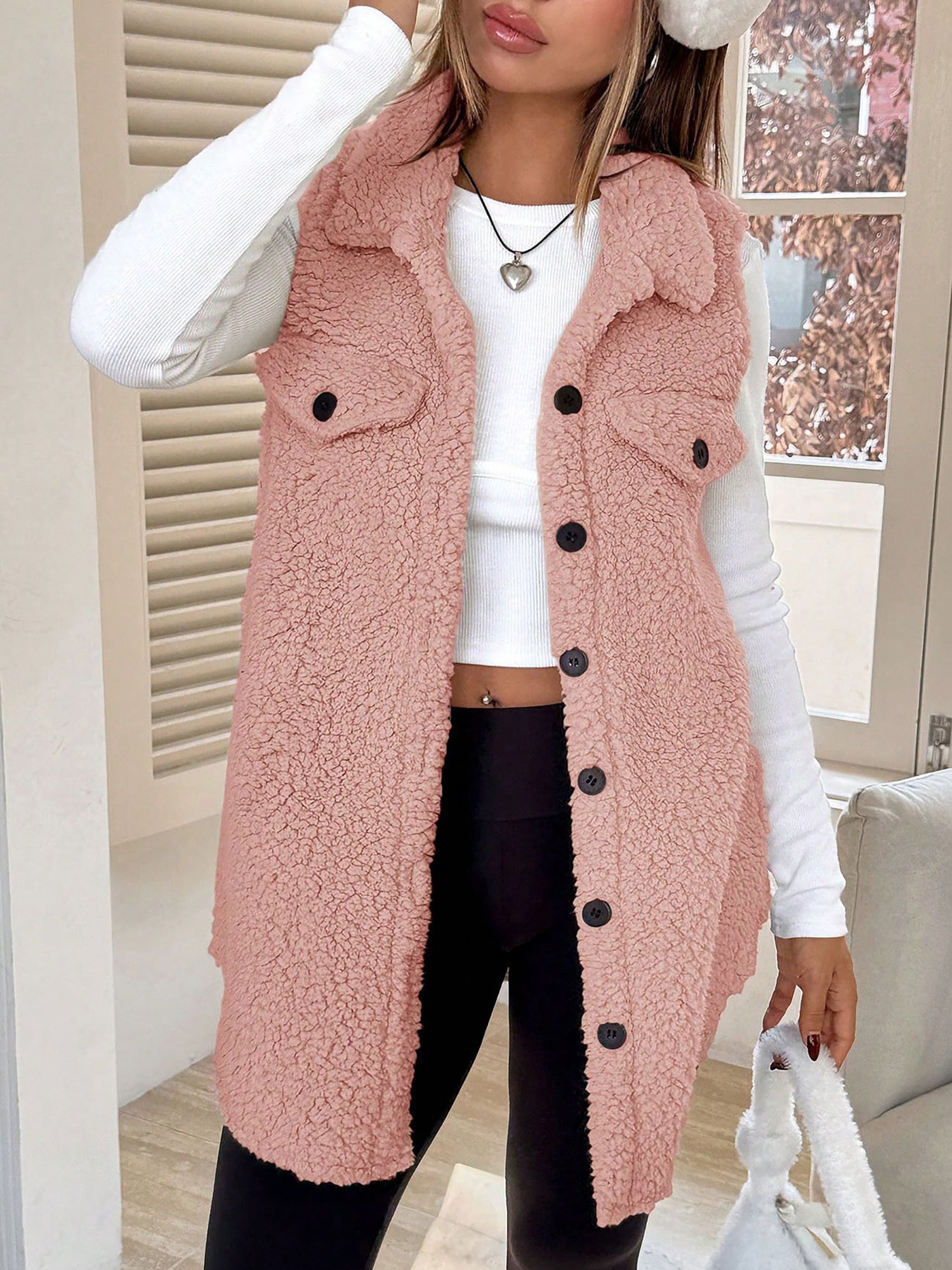 Faux Shearling Button Down Sleeveless Vest