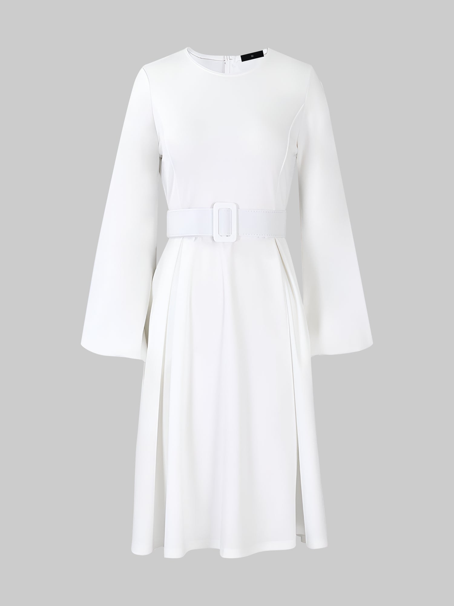 Round Neck Puff Sleeves Belted Midi Work Dress