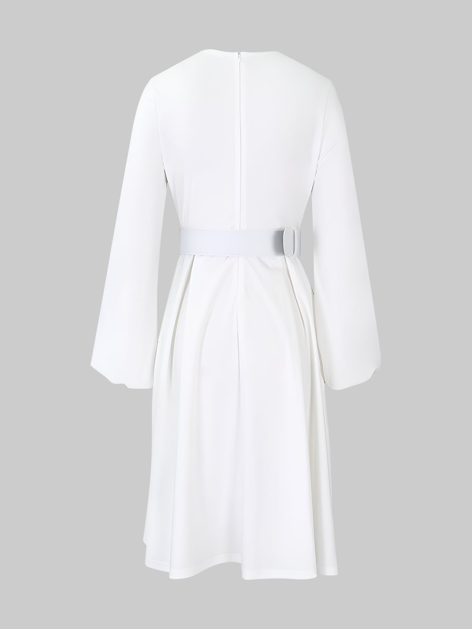 Round Neck Puff Sleeves Belted Midi Work Dress