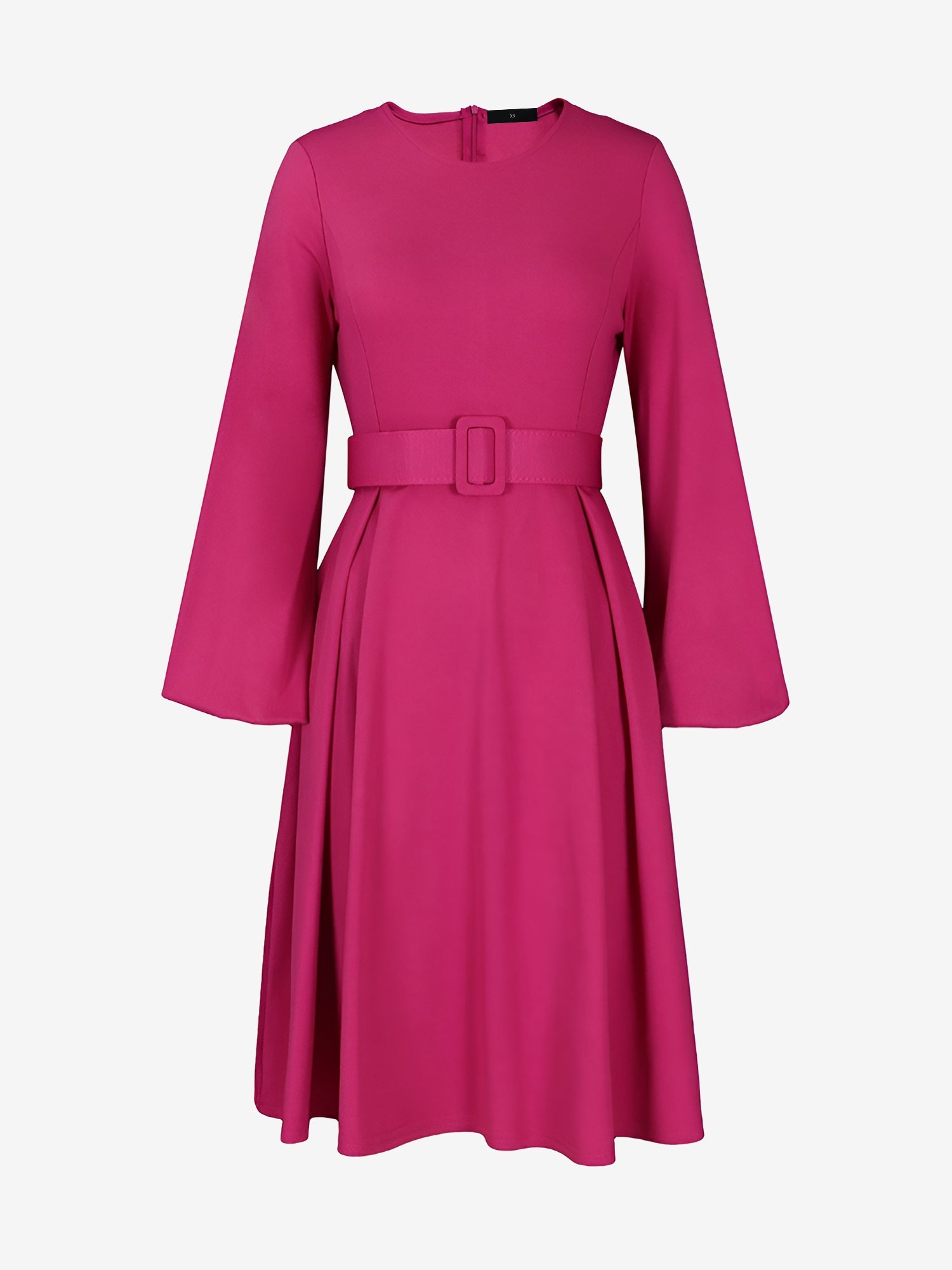 Round Neck Puff Sleeves Belted Midi Work Dress