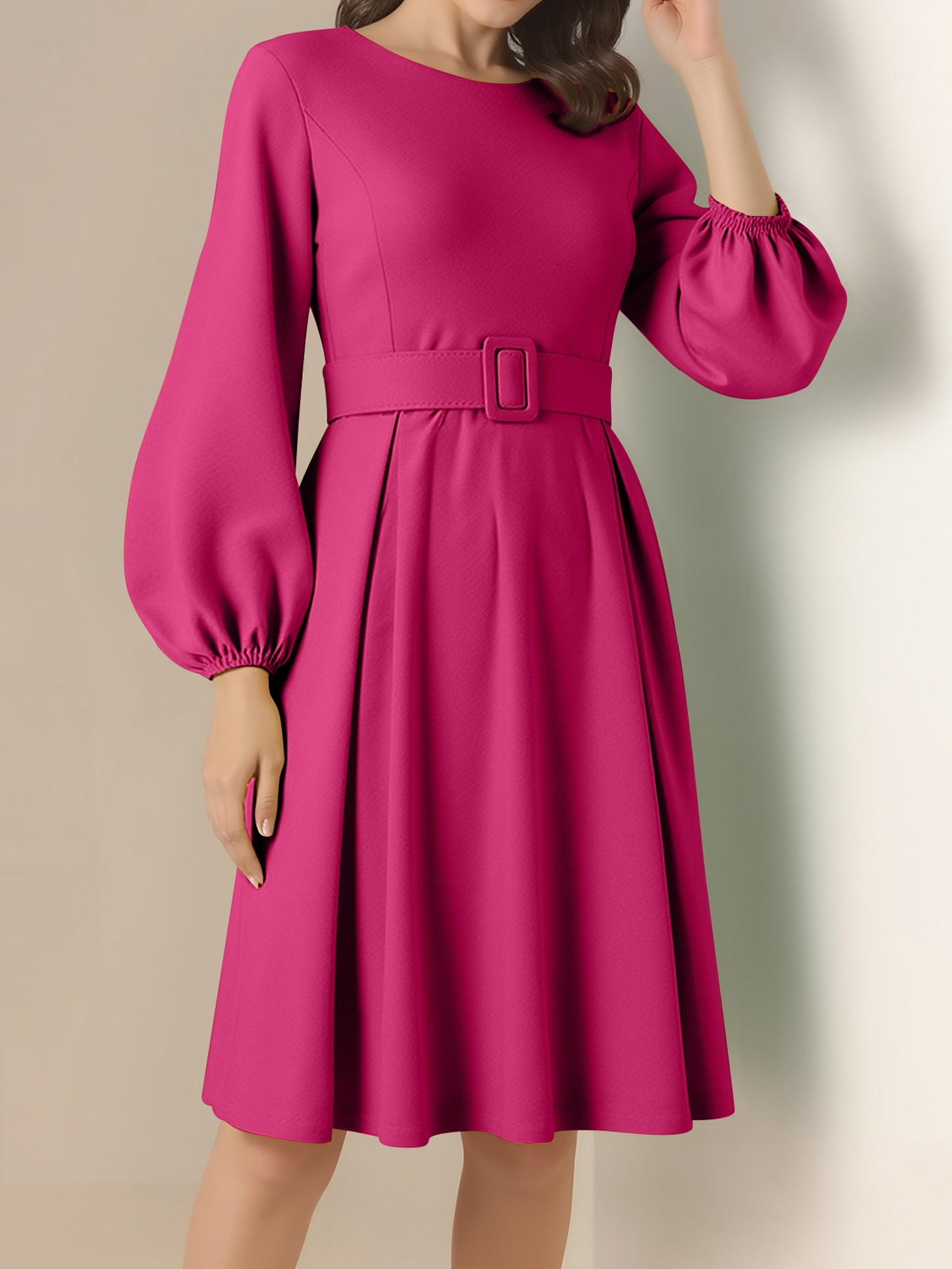 Round Neck Puff Sleeves Belted Midi Work Dress