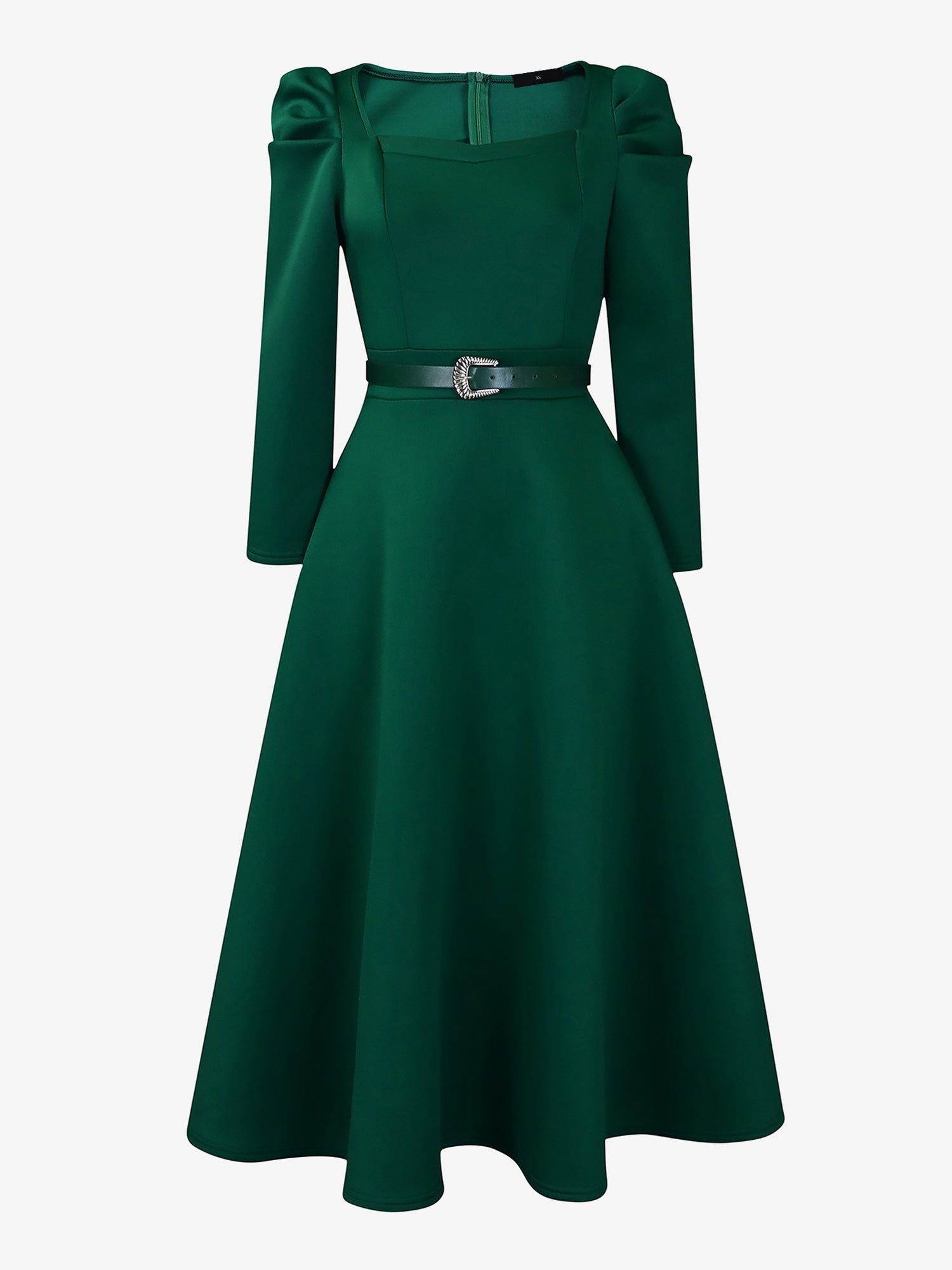 Puff Sleeve Square Neck Belted Midi Dress