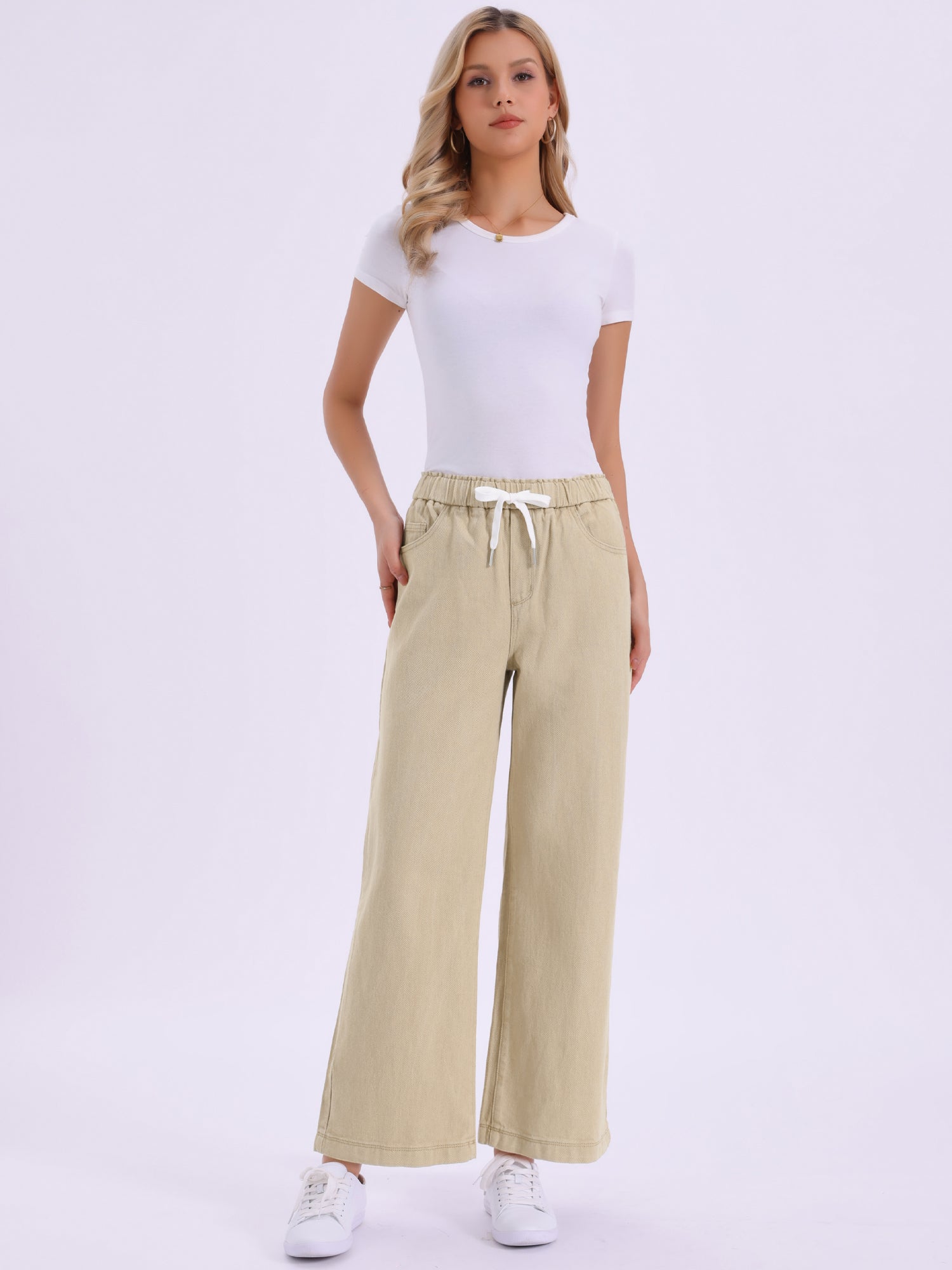 Casual Denim Pants Drawstring Elastic Waist Wide Legs Jeans