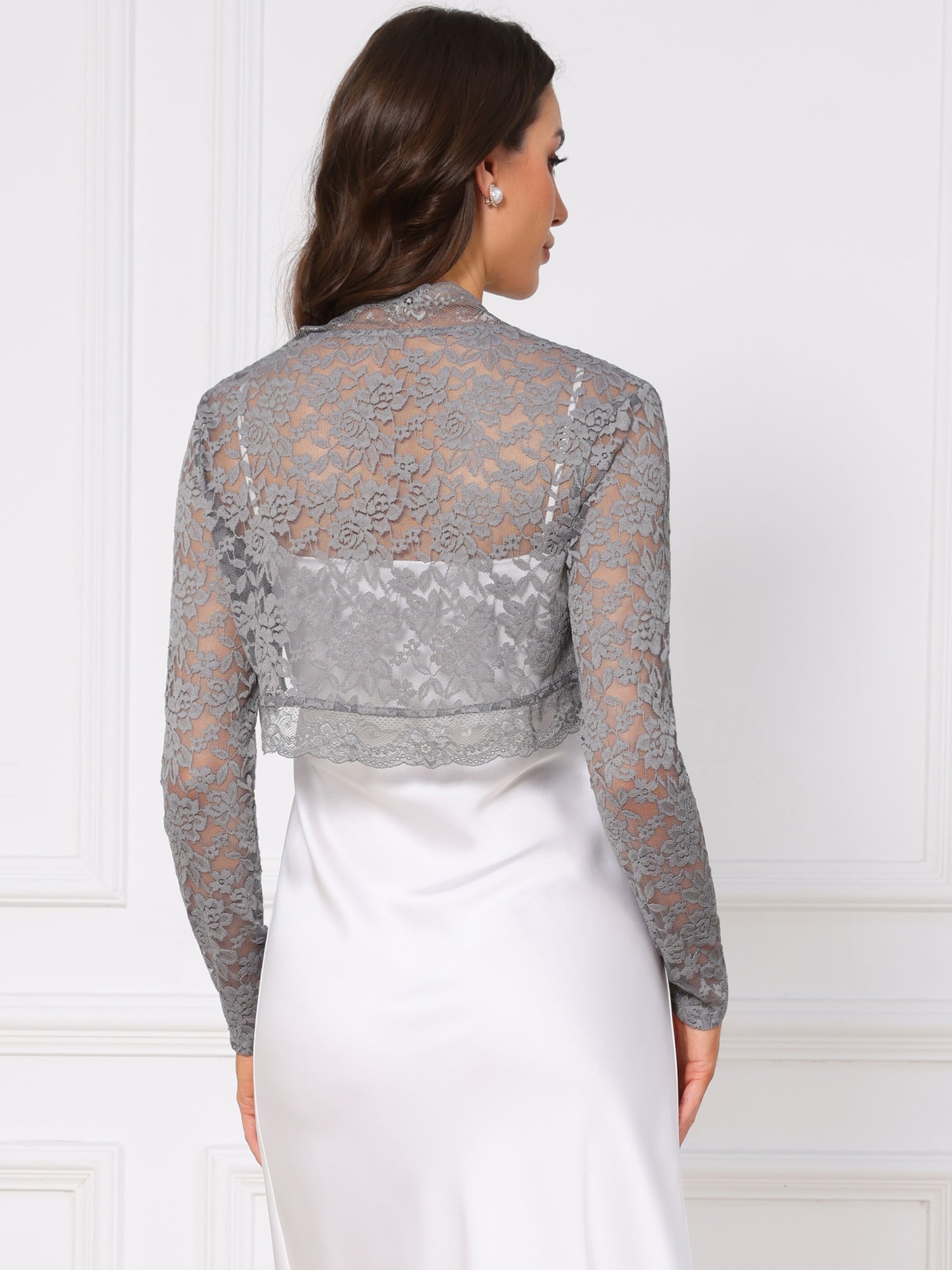 Floral Lace Long Sleeve Open Front Cropped Bolero Shrugs