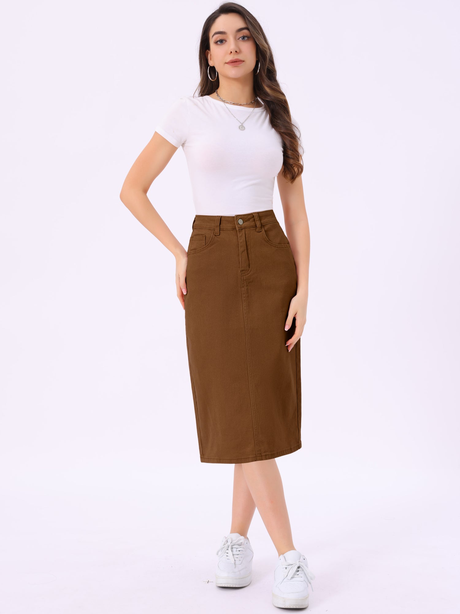 Casual Denim High Waist Stretchy Midi Pencil Jean Skirt