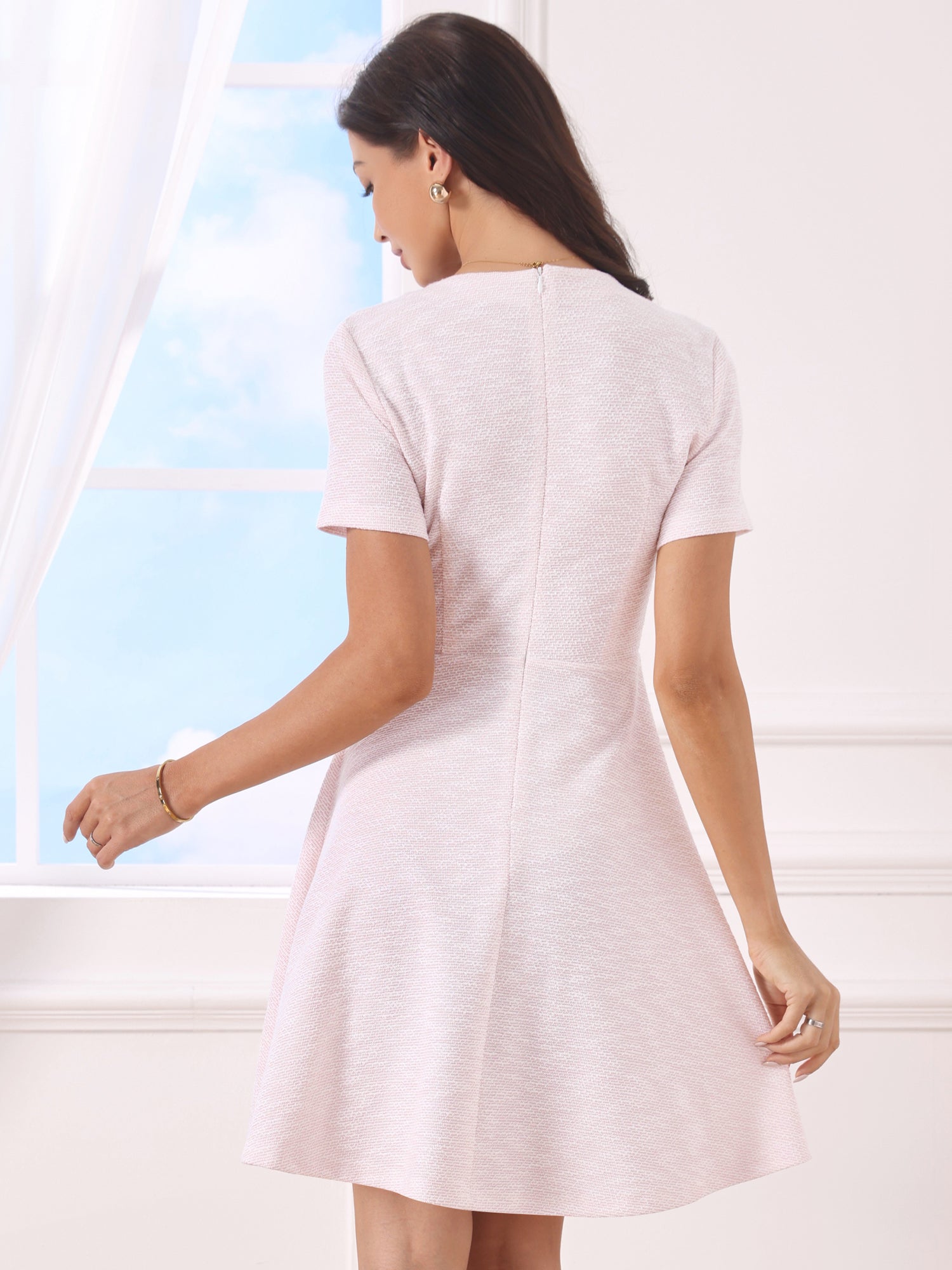 Tweed Button Decor Round Neck Short Sleeve A-Line Mini Dress