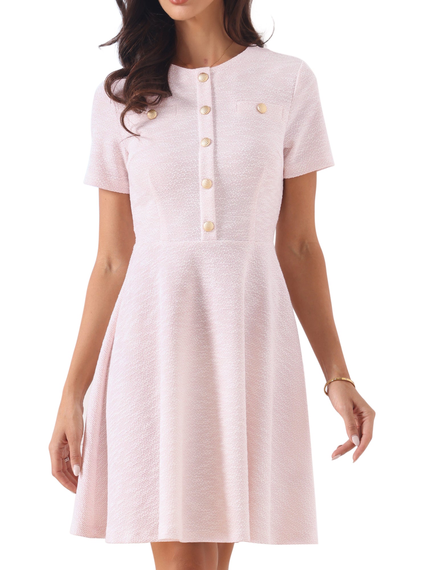 Tweed Button Decor Round Neck Short Sleeve A-Line Mini Dress