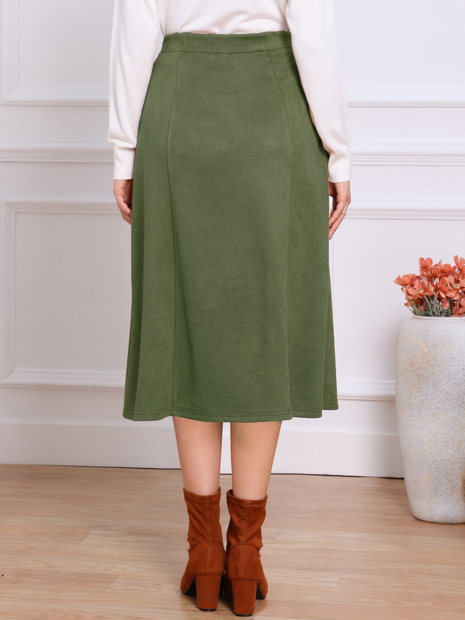 Faux Suede Casual A-Line Midi Skirts