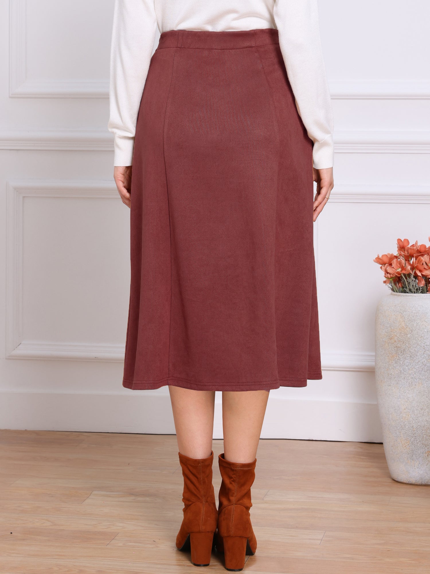 Faux Suede Casual A-Line Midi Skirts