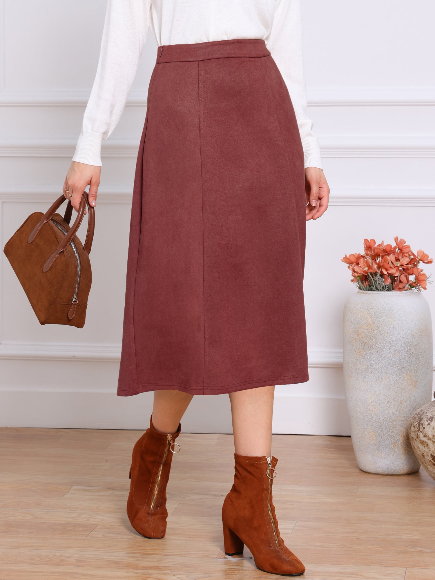 Faux Suede Casual A-Line Midi Skirts