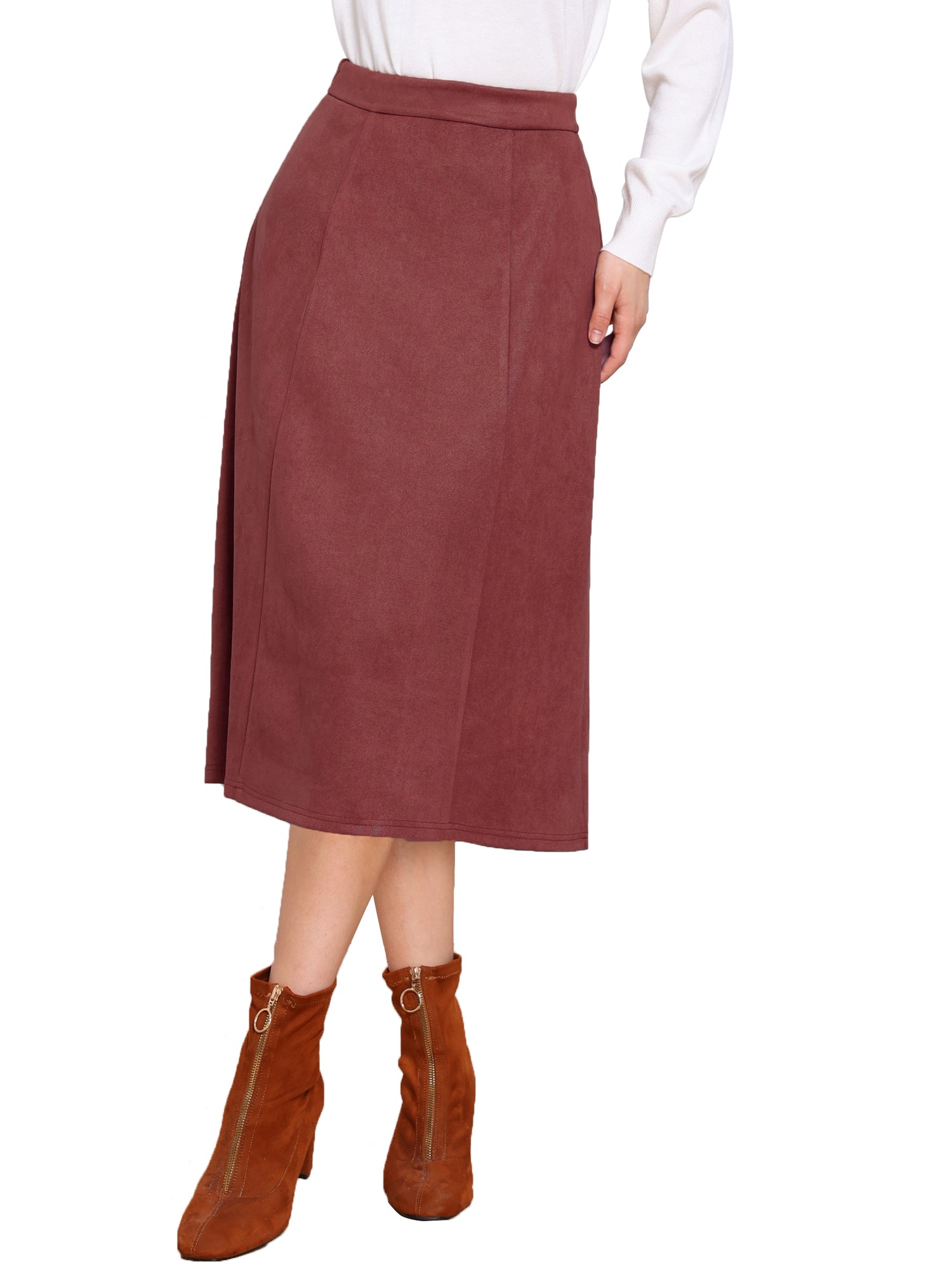 Faux Suede Casual A-Line Midi Skirts