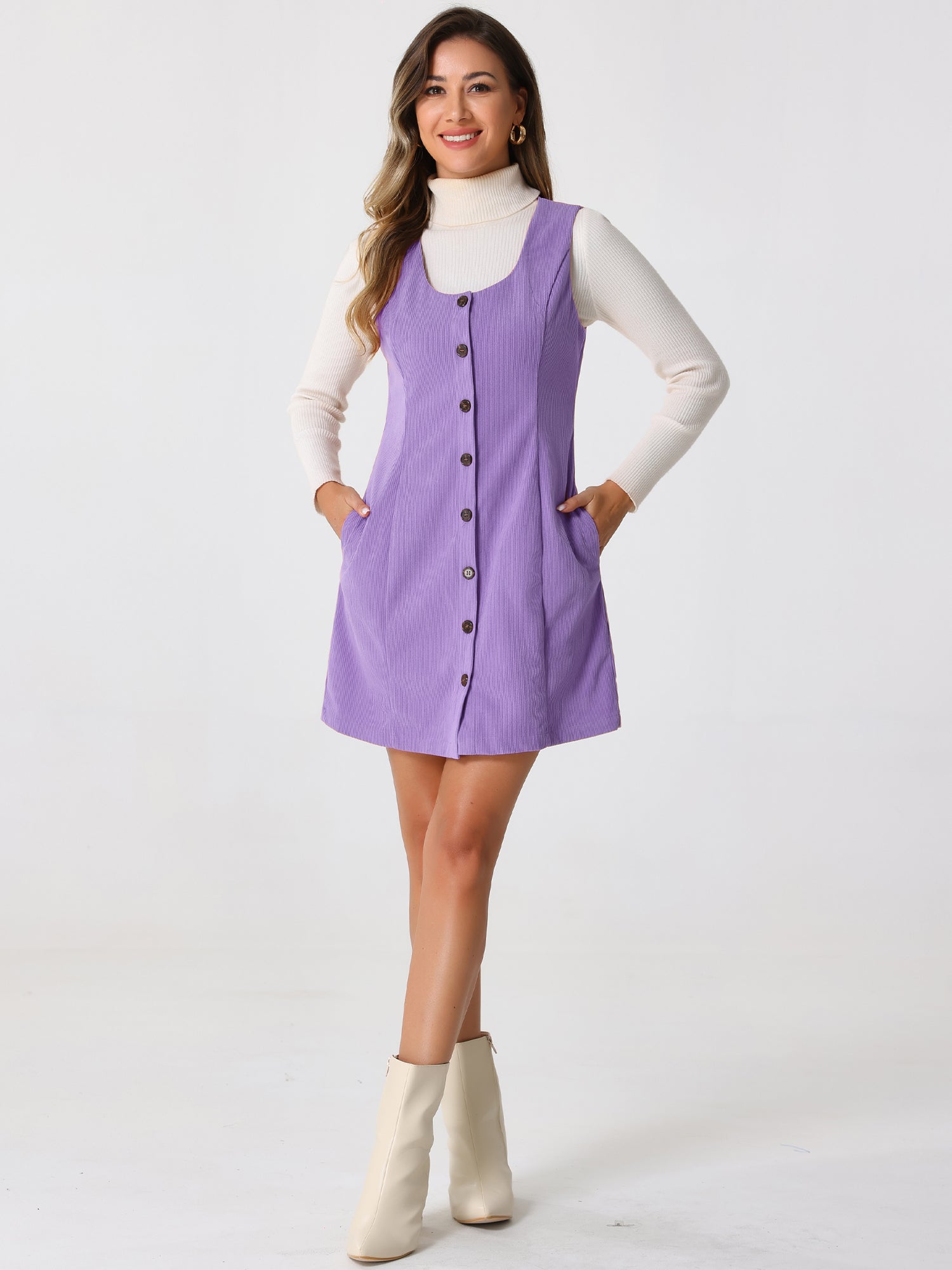 Corduroy Overall Scoop Neck Sleeveless Button Pinefore Dress
