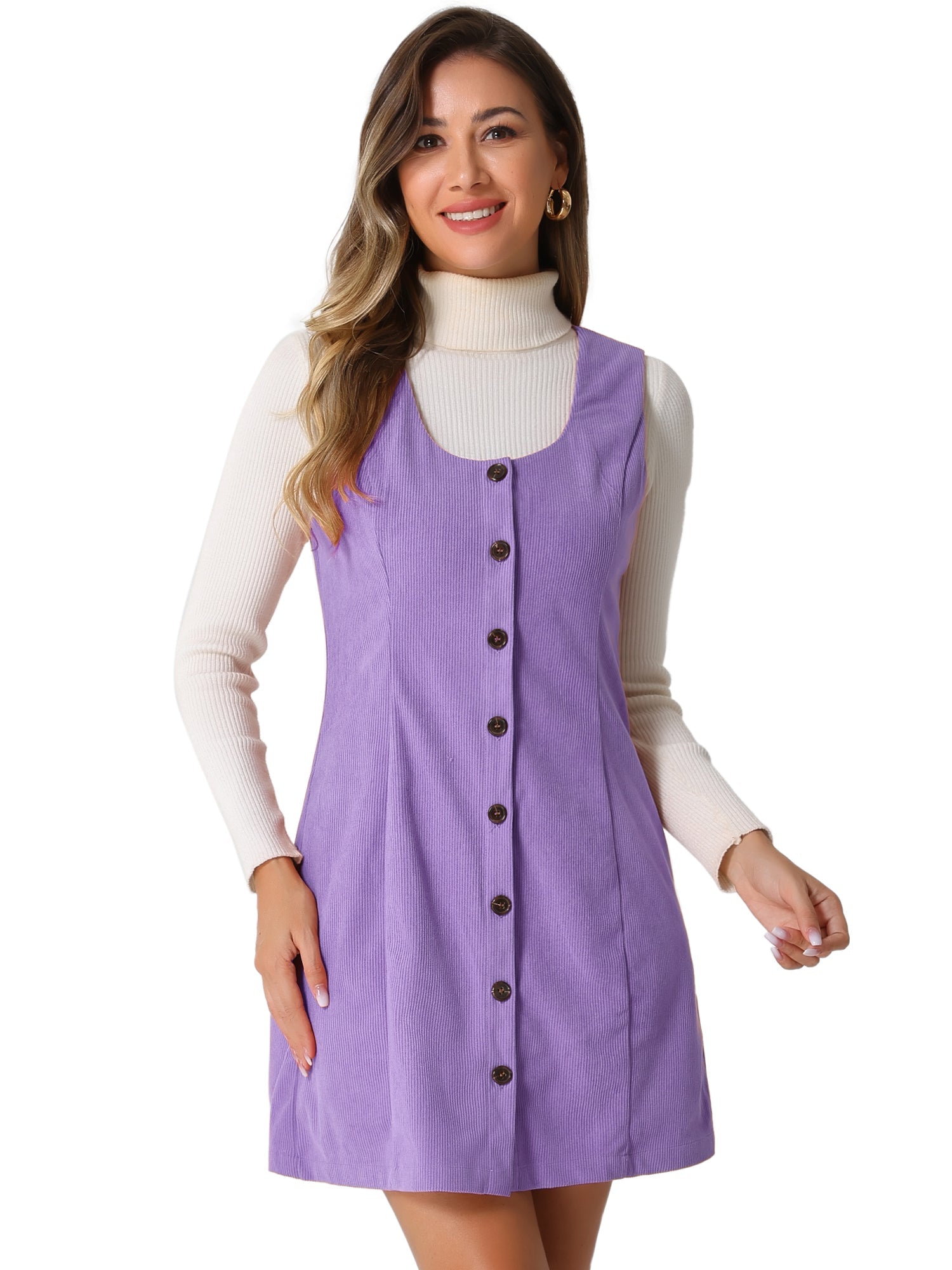 Corduroy Overall Scoop Neck Sleeveless Button Pinefore Dress