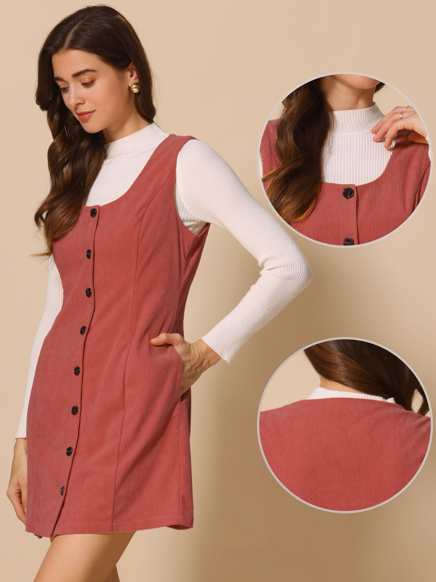 Corduroy Overall Scoop Neck Sleeveless Button Pinefore Dress