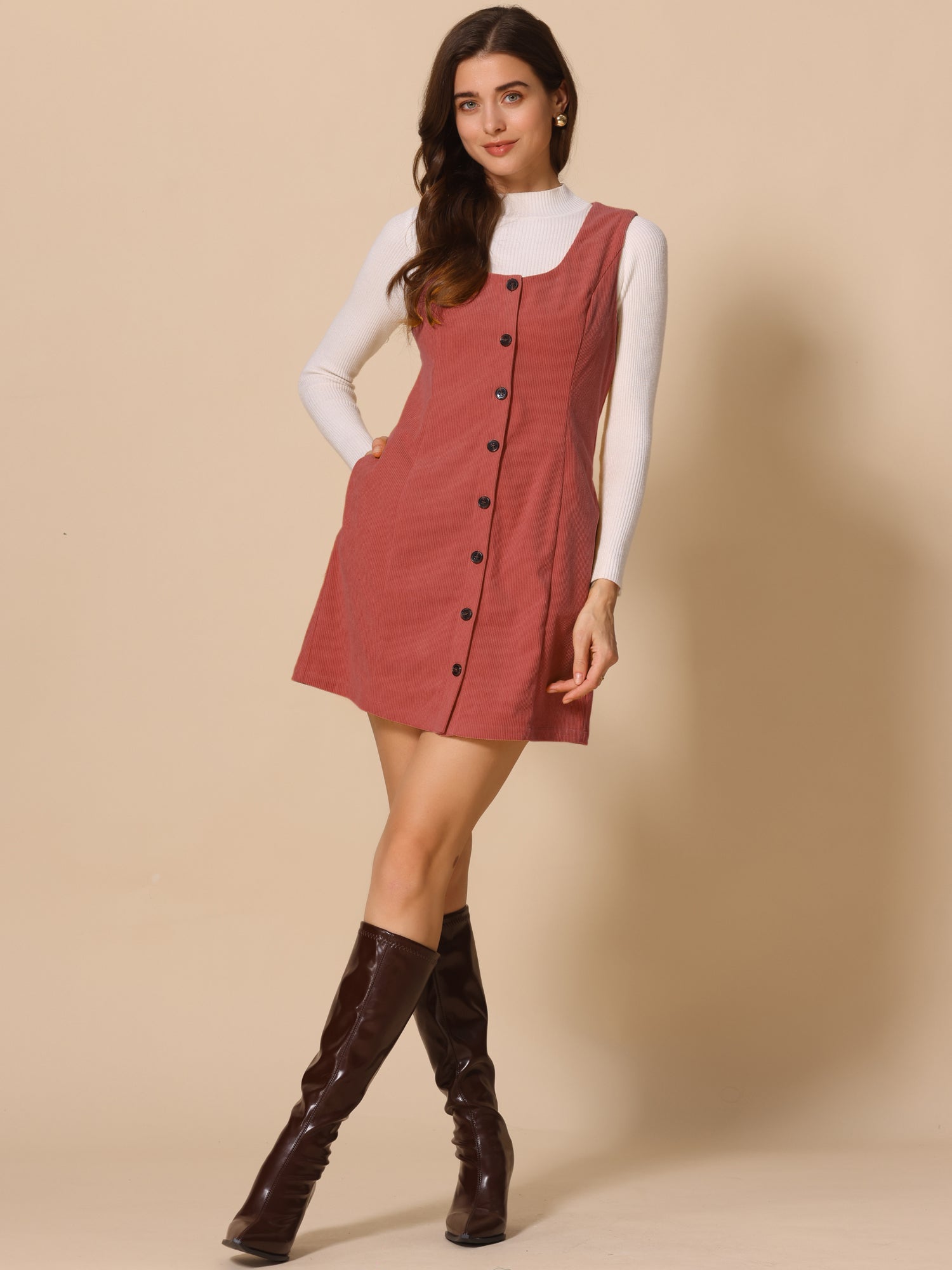 Corduroy Overall Scoop Neck Sleeveless Button Pinefore Dress