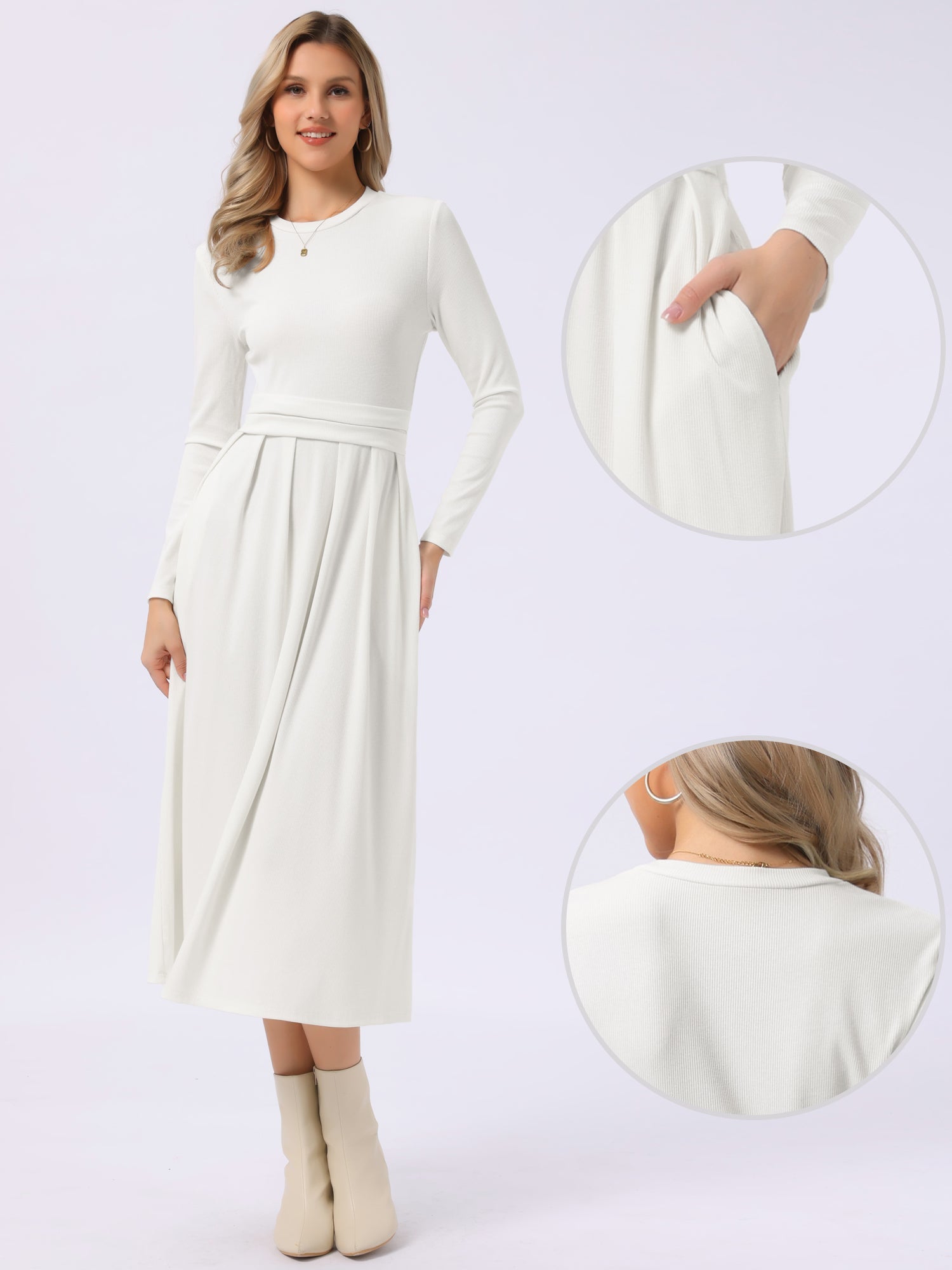 Crew Neck Long Sleeve Pocketed A-Line Sweater Dresses