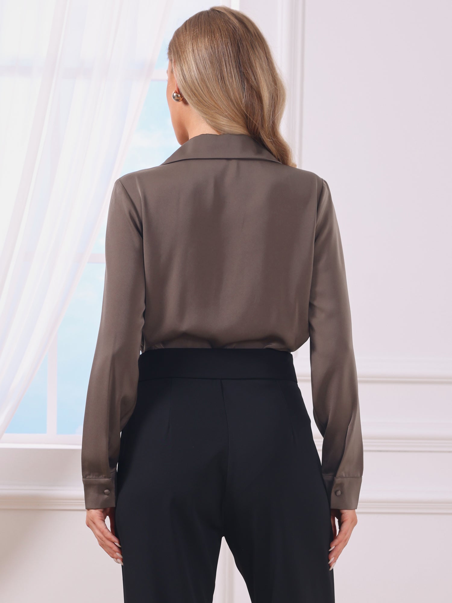 Button Up Notched Lapel Long Sleeve Satin Bodysuit