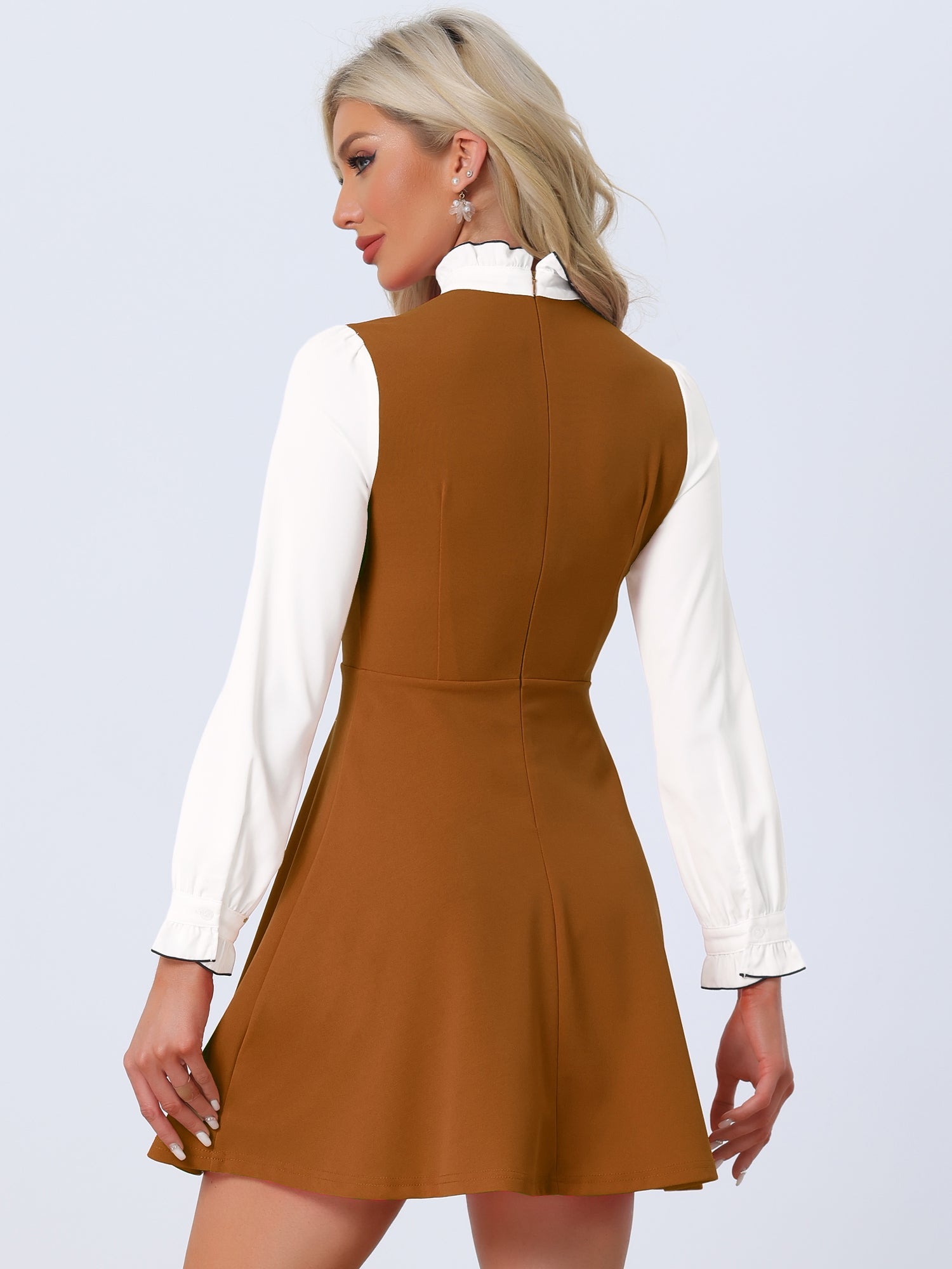 Patchwork Contrast Color Long Sleeve Tie Neck Mini Dress