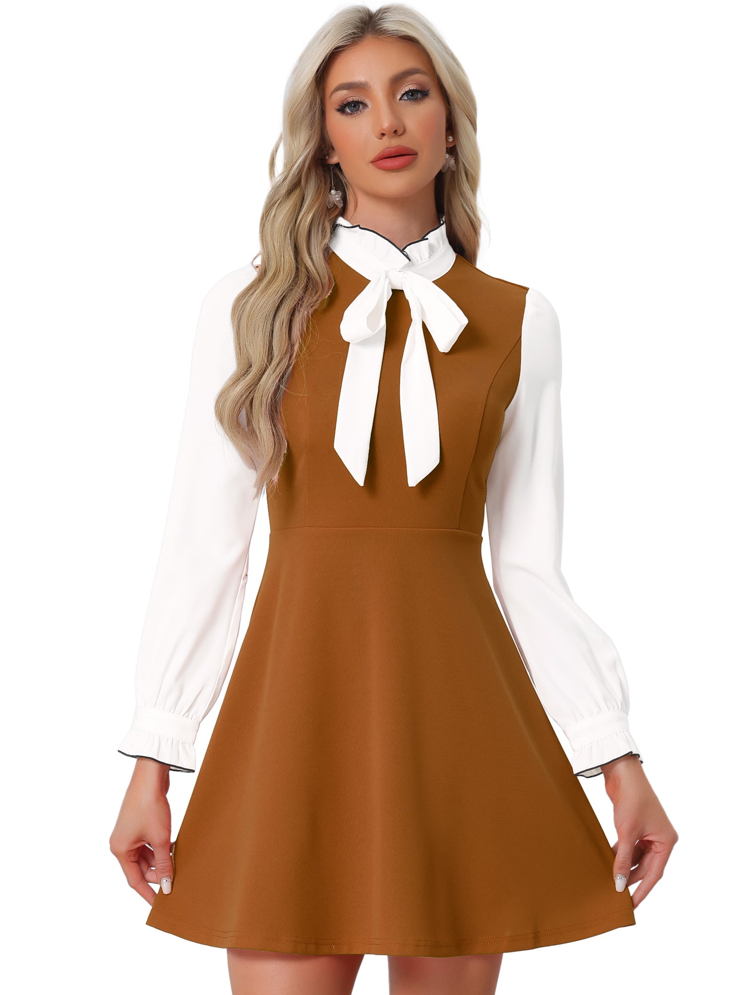 Patchwork Contrast Color Long Sleeve Tie Neck Mini Dress