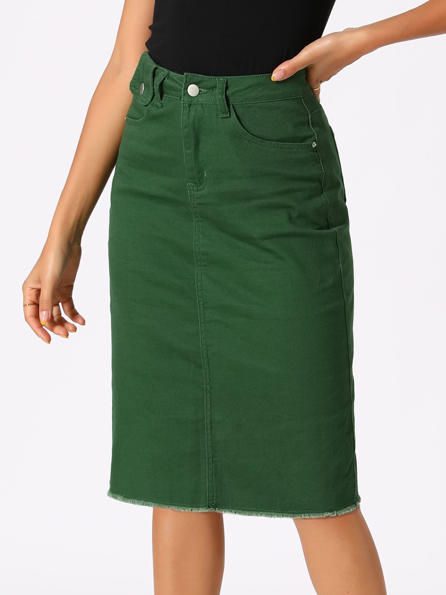 Casual High Waist Back Slit Stretch Denim Midi Jean Skirt