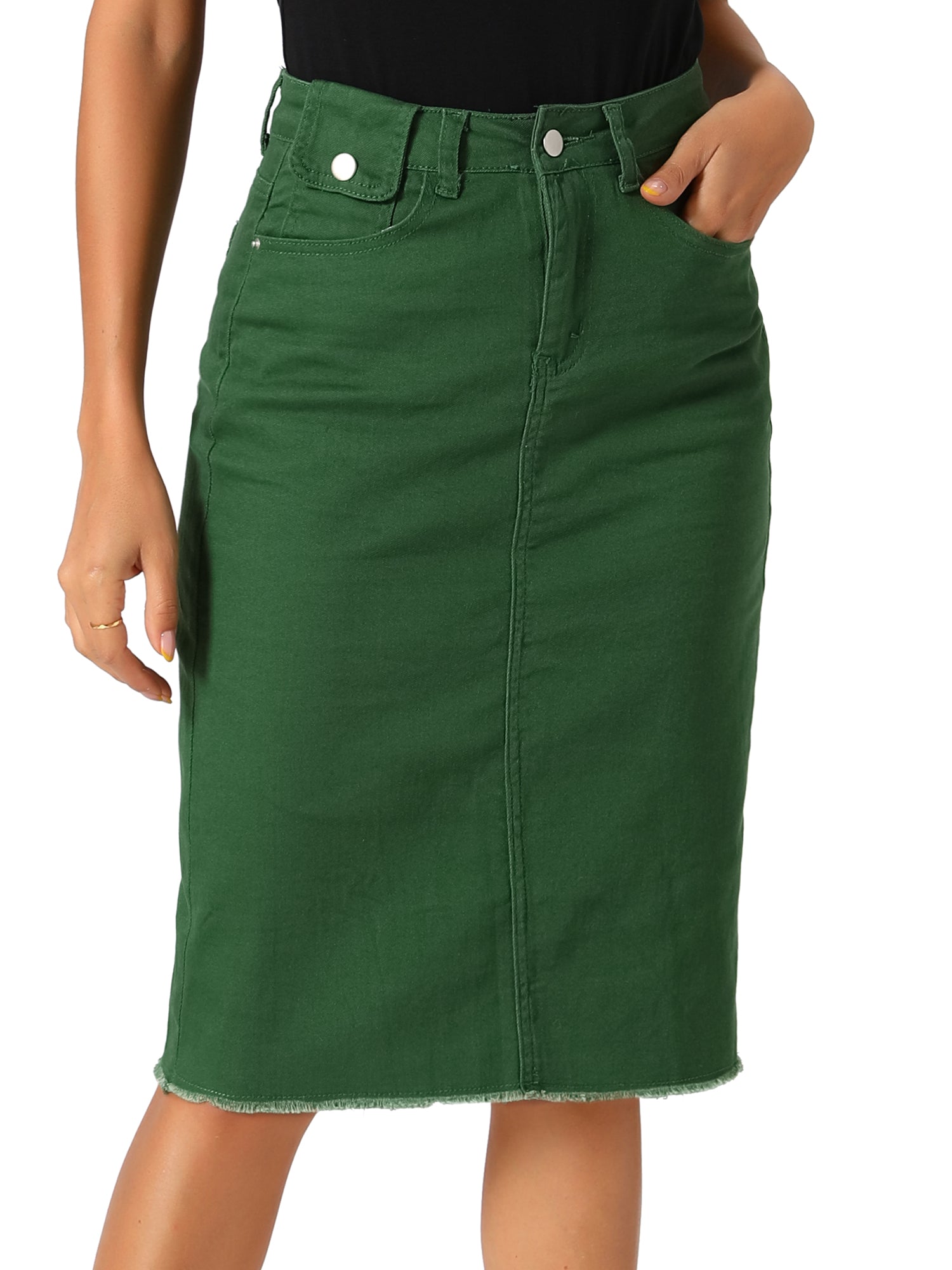 Casual High Waist Back Slit Stretch Denim Midi Jean Skirt