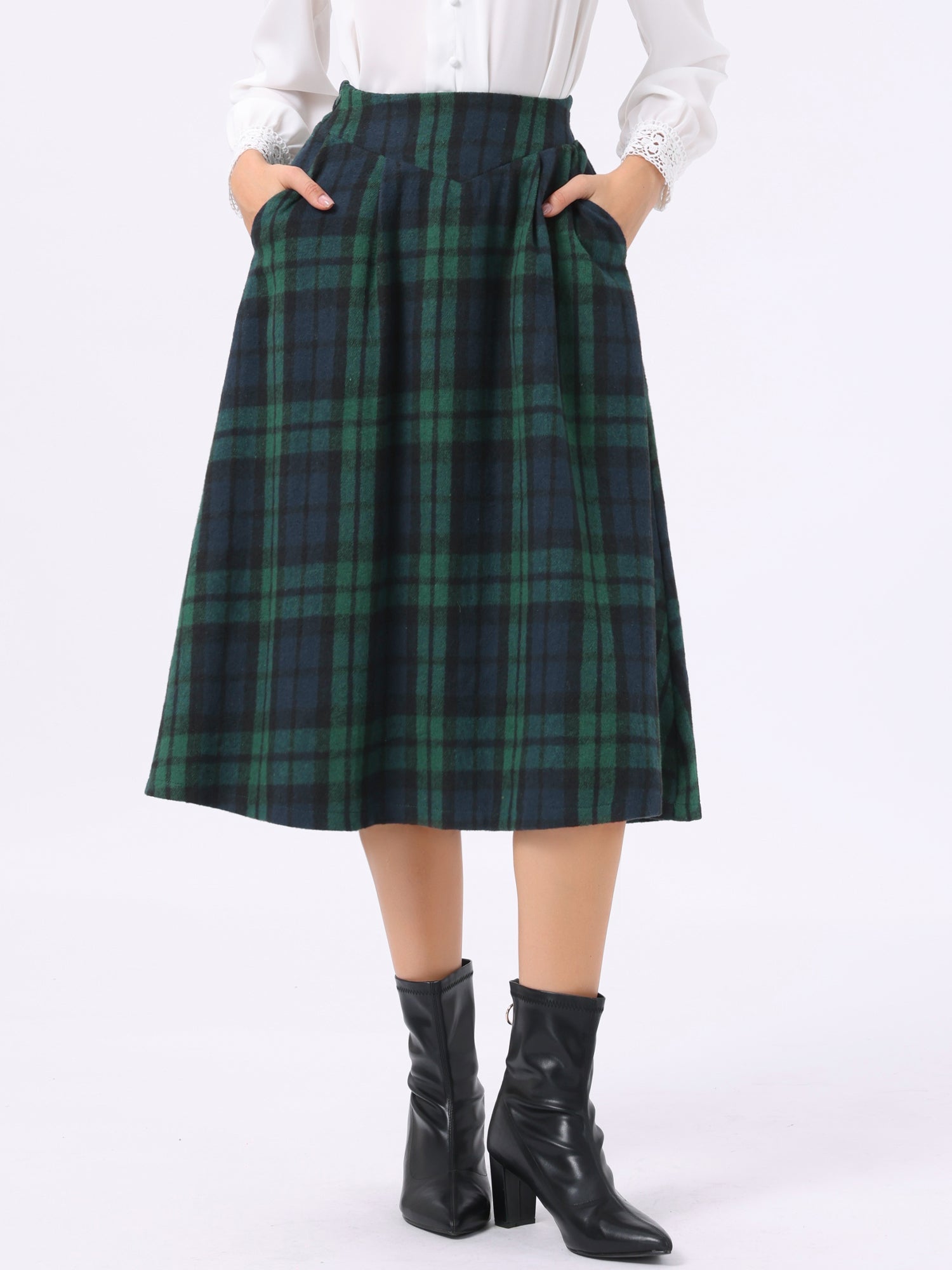 Plaid Vintage Pocketed Midi A-Line Skirt