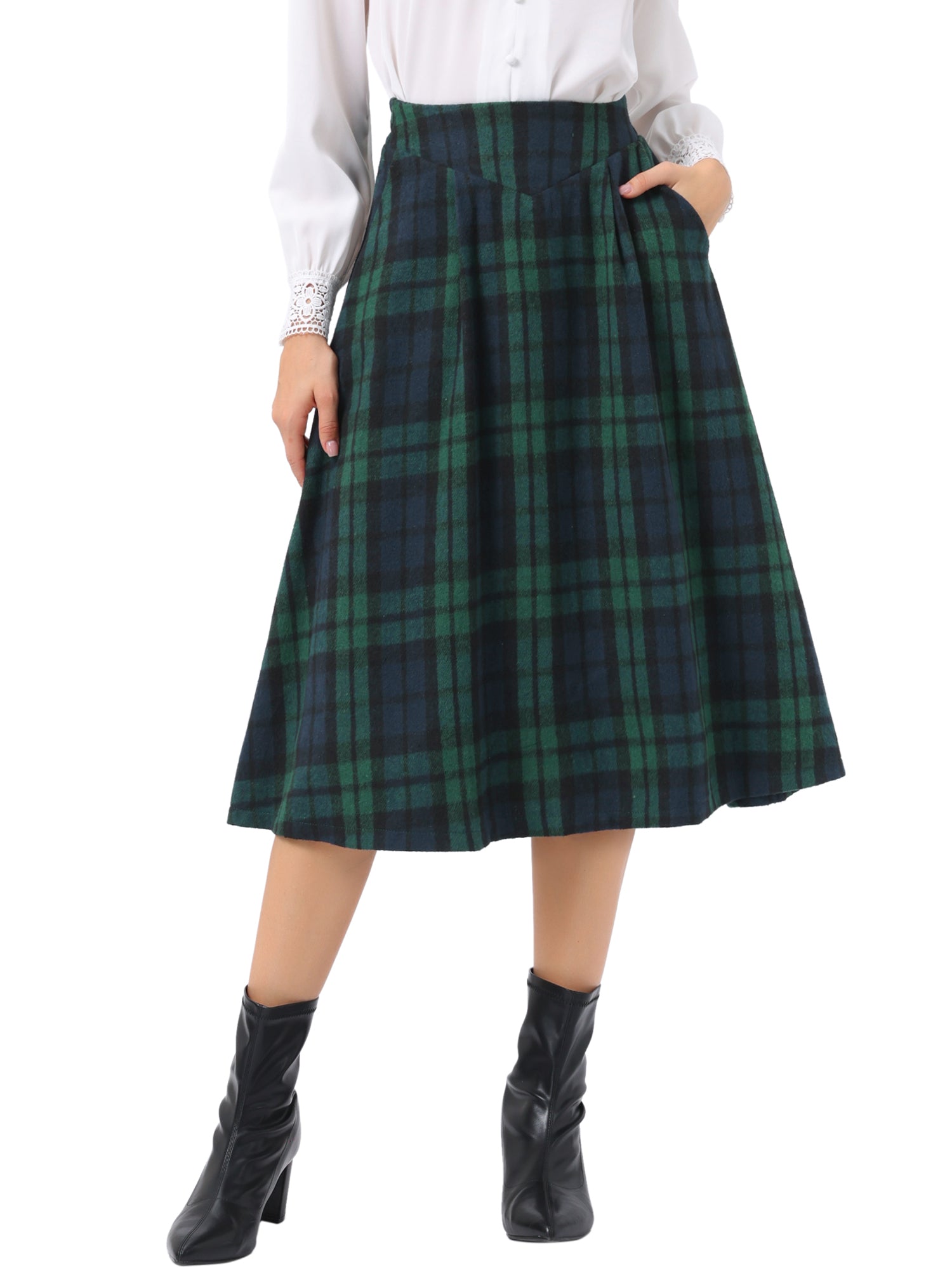 Plaid Vintage Pocketed Midi A-Line Skirt