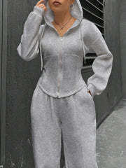 2 Pieces Hooded Zipper Jacket & Elastic Waist Sweatpants Set