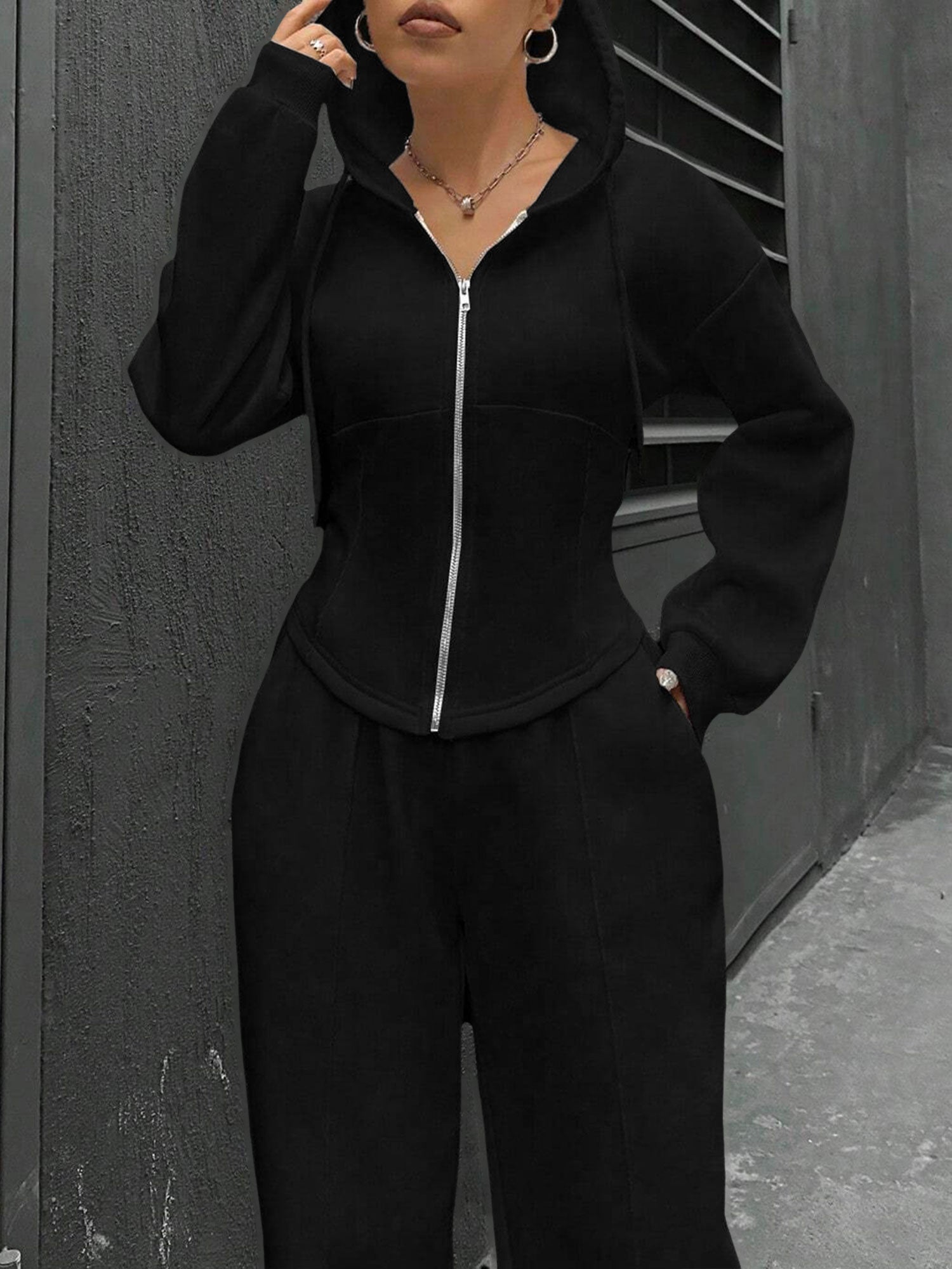 2 Pieces Hooded Zipper Jacket & Elastic Waist Sweatpants Set