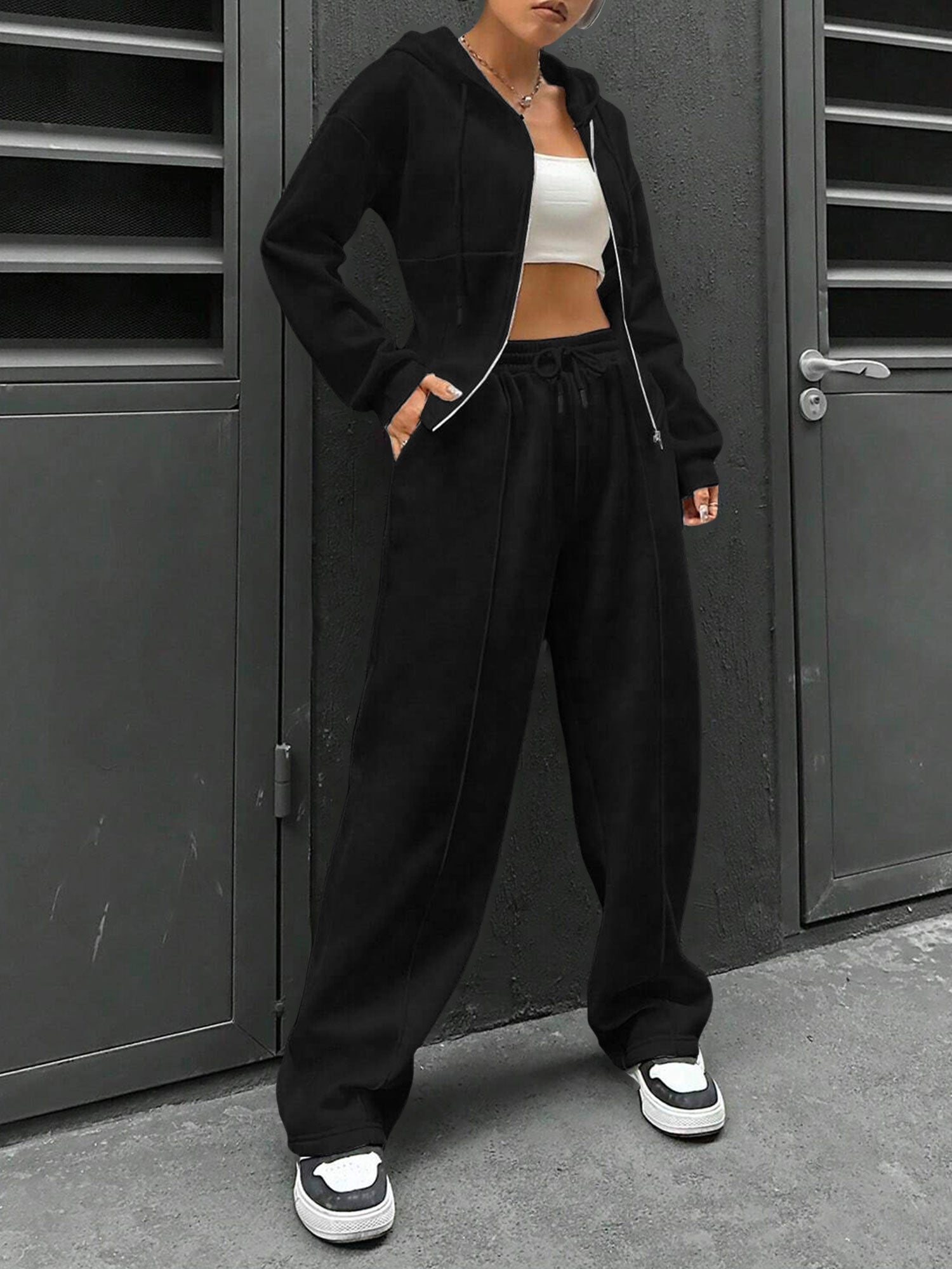 2 Pieces Hooded Zipper Jacket & Elastic Waist Sweatpants Set