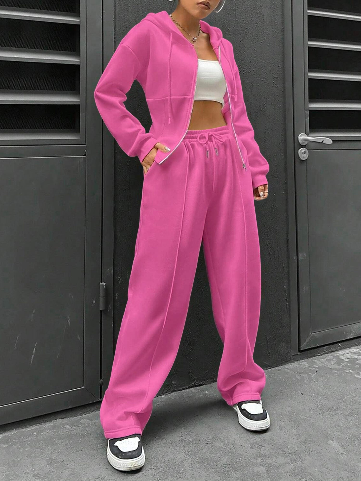 2 Pieces Hooded Zipper Jacket & Elastic Waist Sweatpants Set