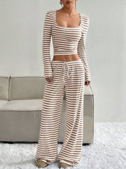 2 Pieces Square Neck Striped Cropped Top & Sweatpants Set