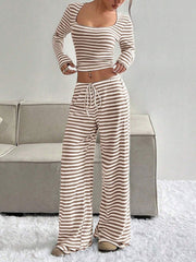 2 Pieces Square Neck Striped Cropped Top & Sweatpants Set