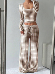 2 Pieces Square Neck Striped Cropped Top & Sweatpants Set
